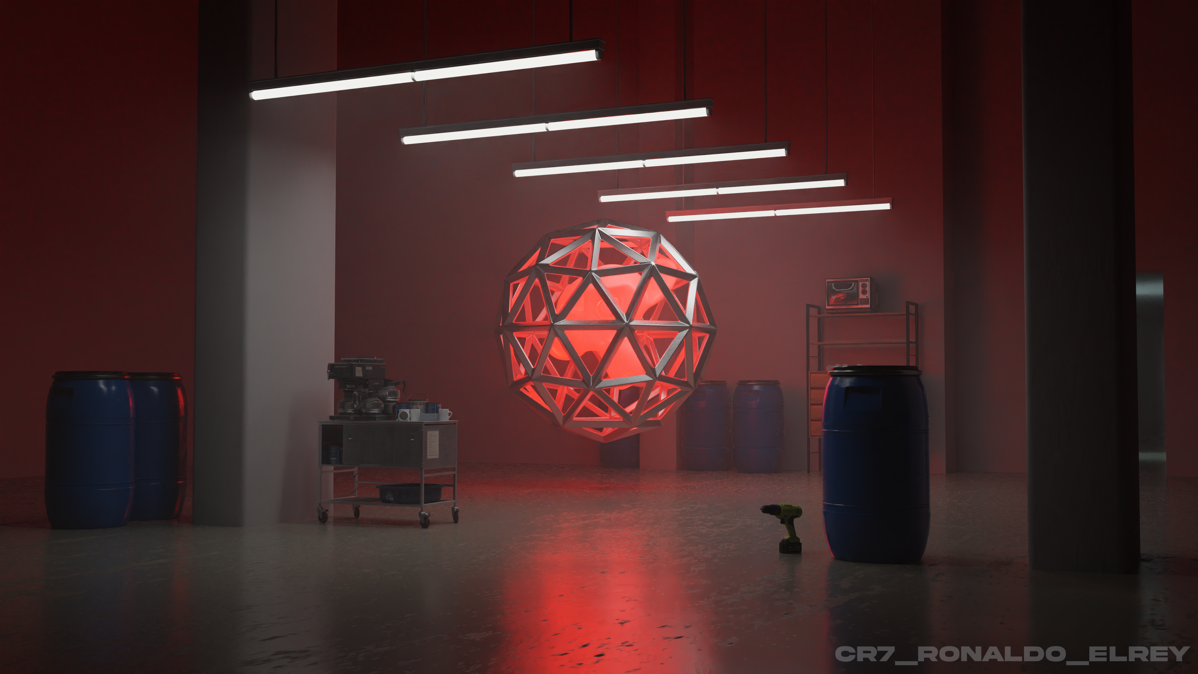 Geodätische Kugel, Lagerhalle, Roter Raum, Neonröhren, 3D-Szene, 4K-Hintergrundbild für PC