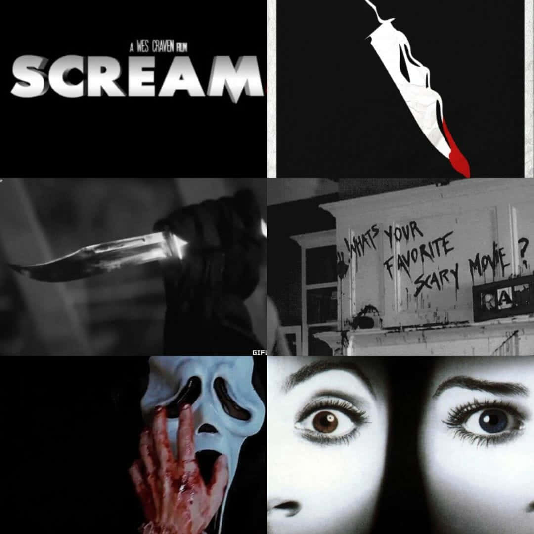 Scream, Ghostface, Sidney Prescott, Messer, Collage, Schwarz-Weiß, Hintergrundbild fürs iPad