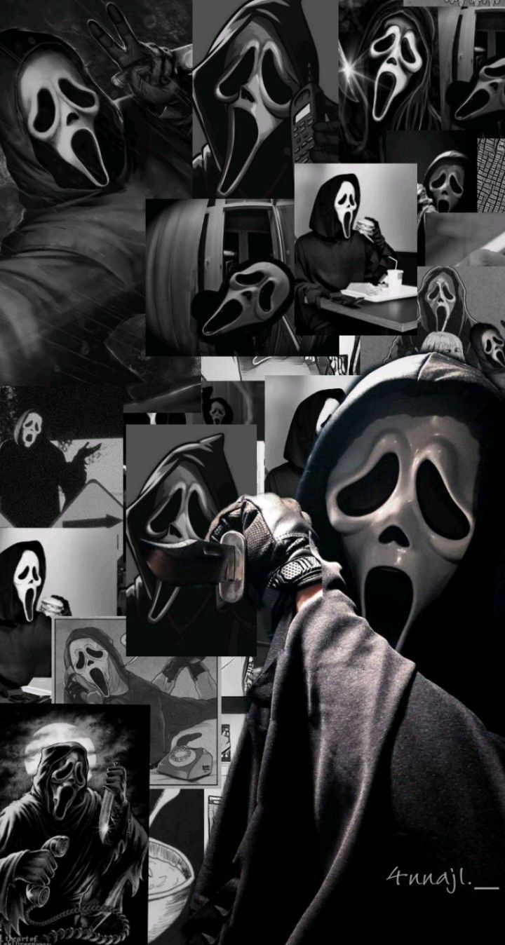 Ghostface, Scream, Collage, Schwarz-Weiß, Maske, HD, Hintergrundbild fürs Handy