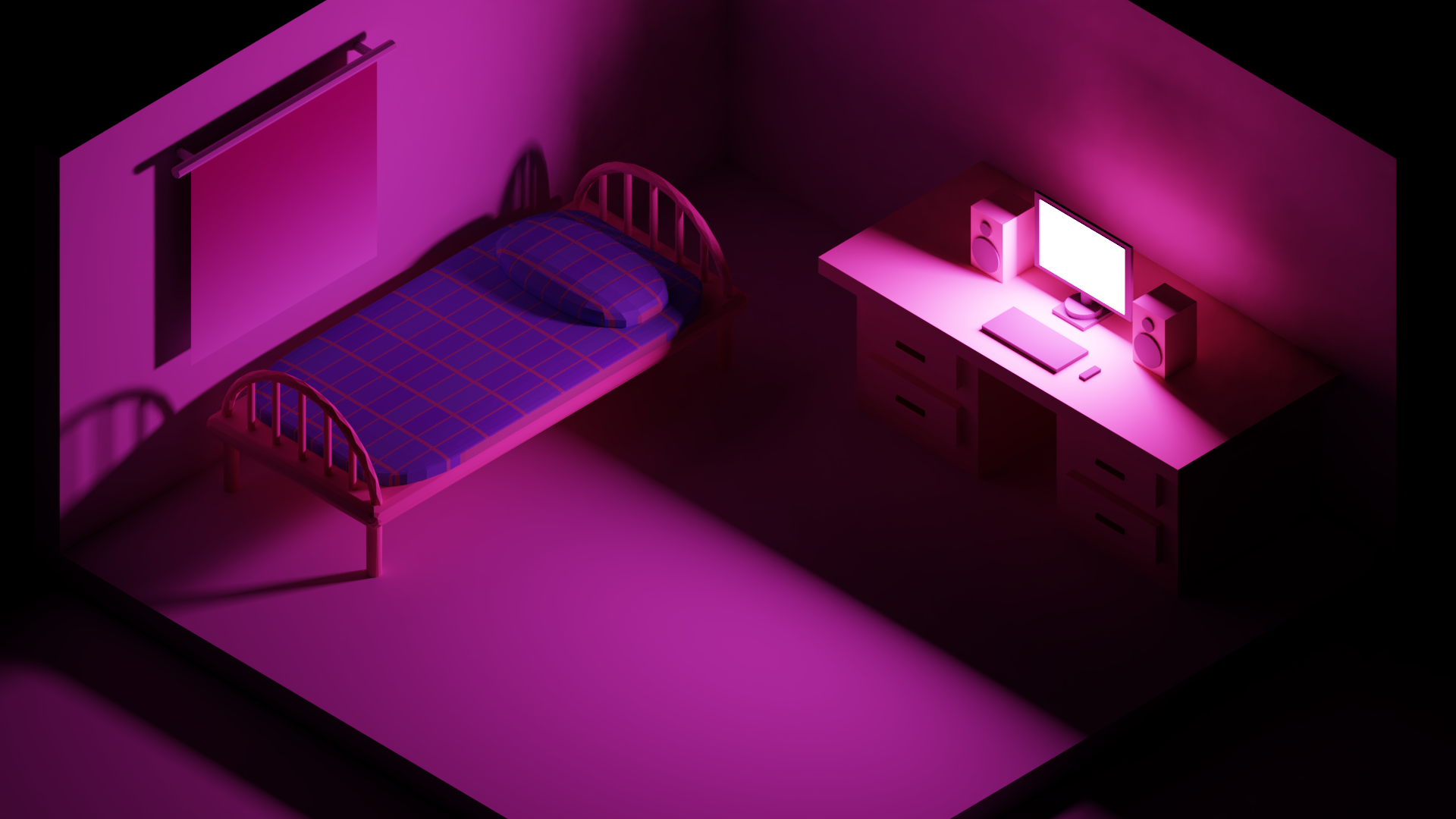 Isometrisches Zimmer, Schlafzimmer, Schreibtisch, Neonpink, Low Poly, 1920x1080, PC-Hintergrundbild