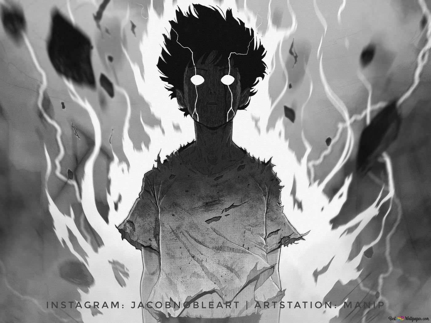 Shigeo Kageyama, Mob Psycho 100, Wut, Aura, Schwarz-Weiß, Anime, Hintergrundbild fürs Tablet