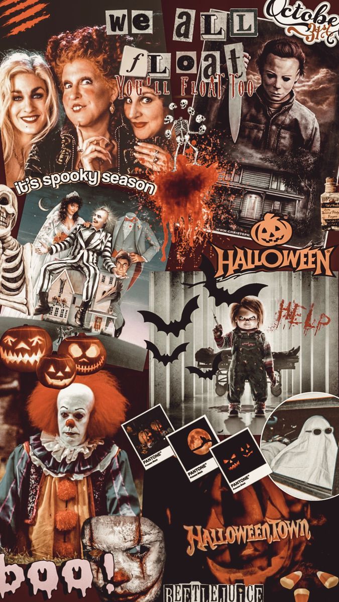 Halloween, Hocus Pocus, Kürbisse, Collage, Orange, Hintergrundbild für iPhone und Android