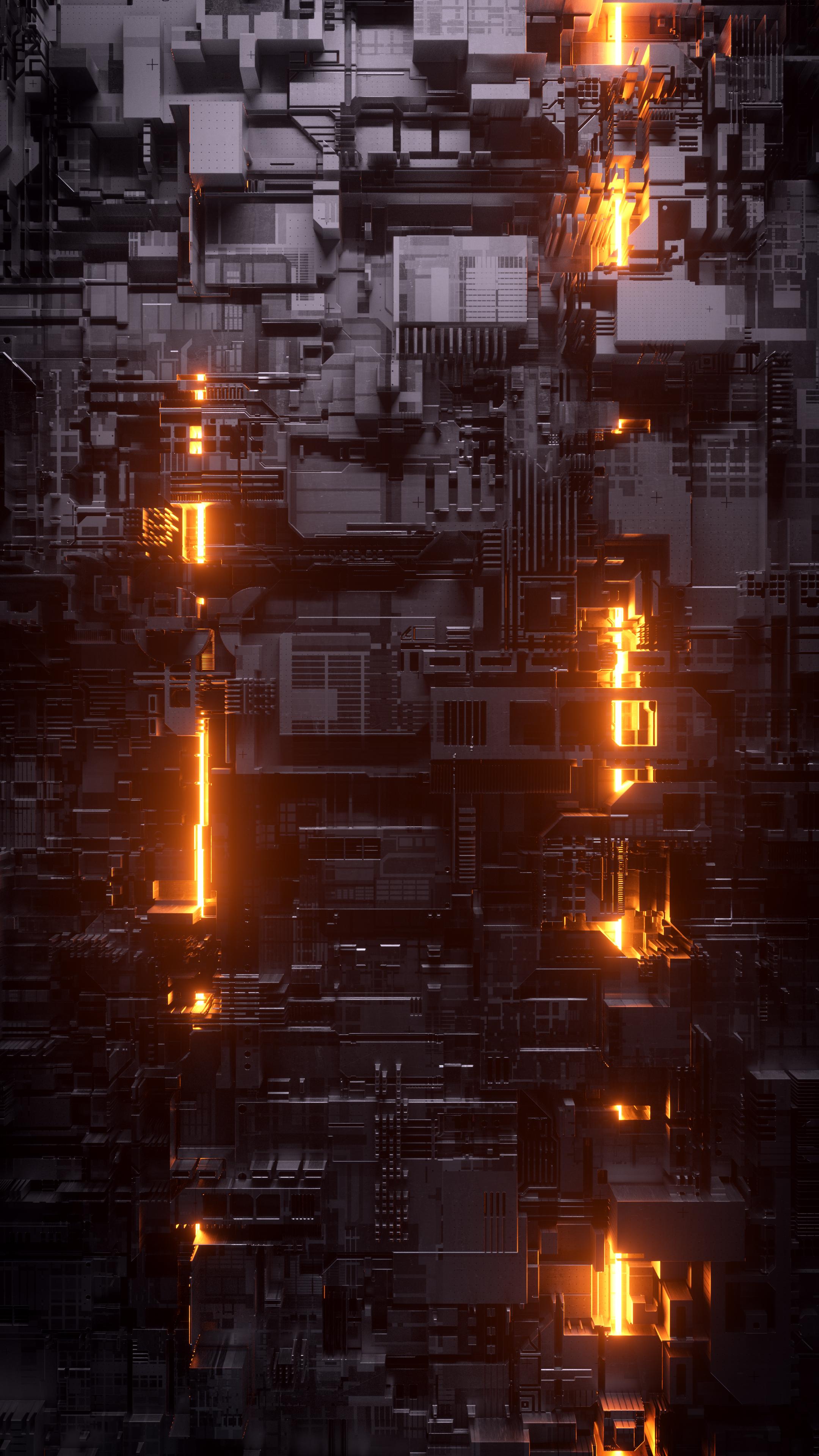 Sci-Fi-Struktur, Greebles, Orange Lichter, Dunkel, Hochformat, 3D-Rendering, iPhone-Hintergrundbild