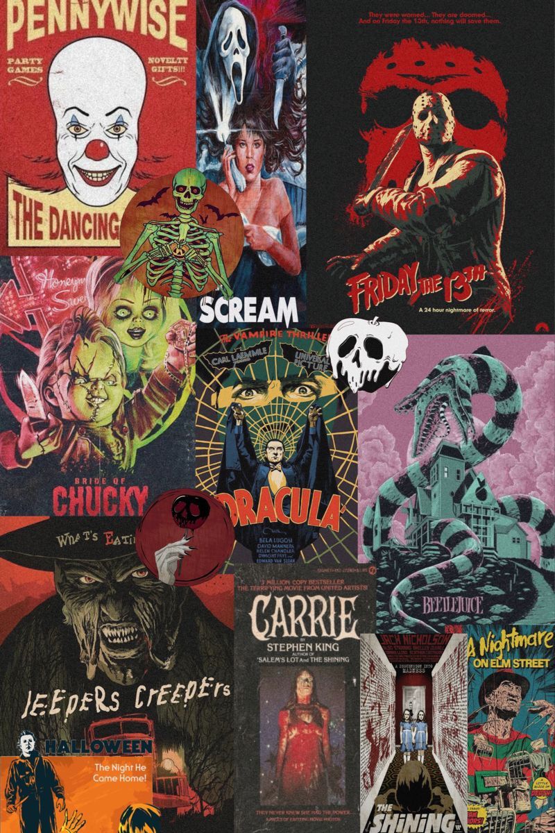 Pennywise, Scream, Chucky, Carrie, Filmplakate, Collage, HD, Handy-Hintergrundbild