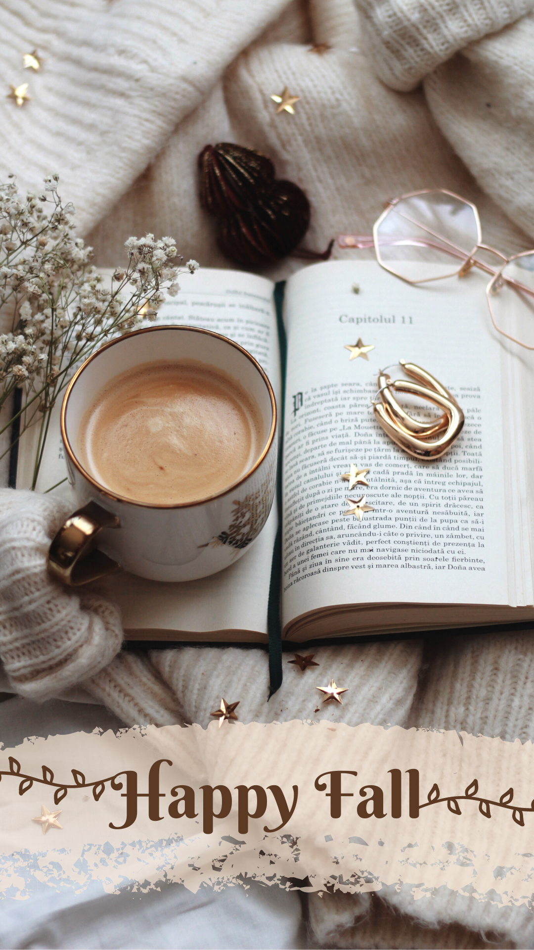 Happy Fall, Kaffee, Buch, Herbst, Gemütlich, Strickdecke, iPhone 17e, Hintergrundbild