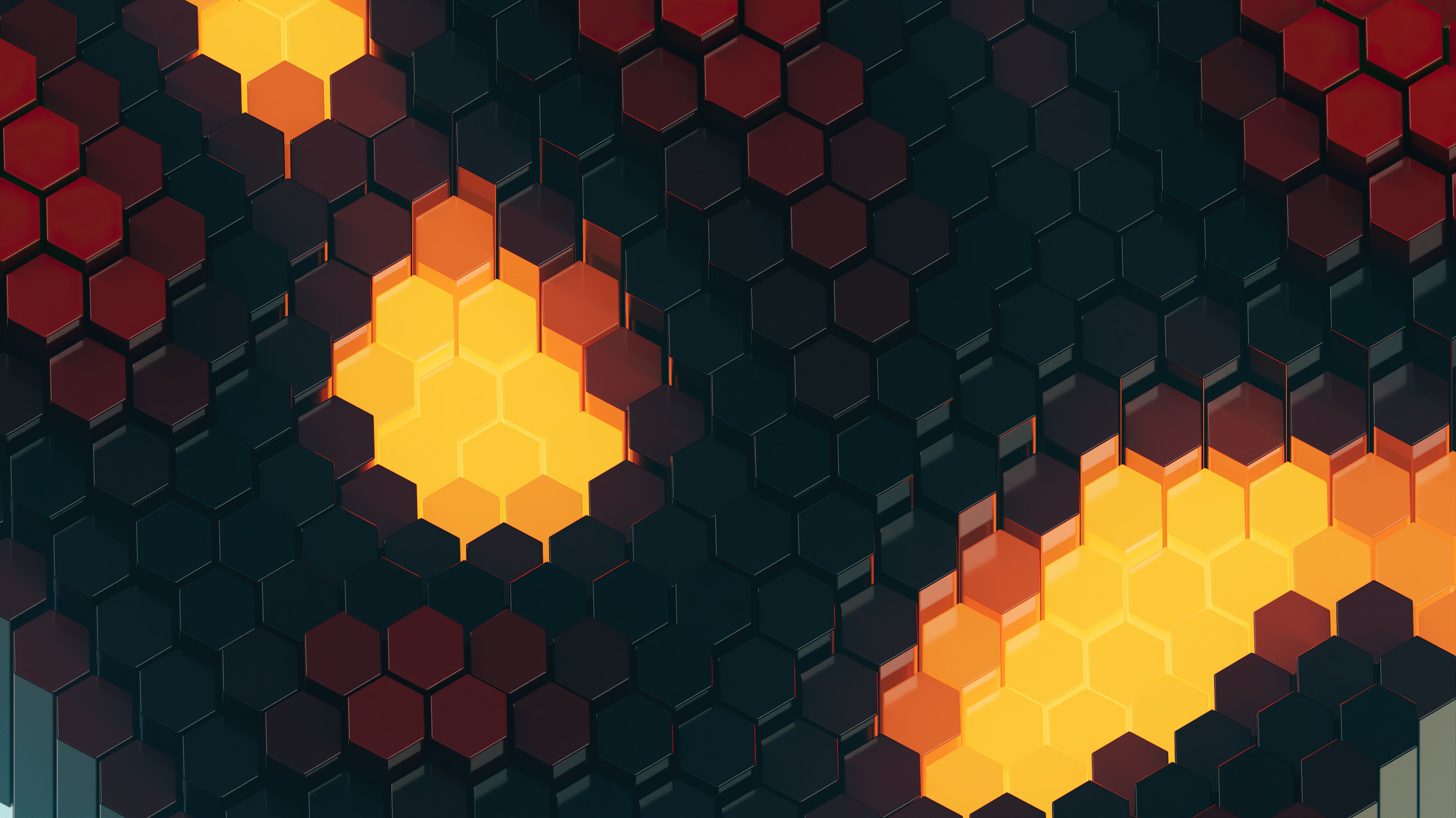Sechsecke, Waben, Glühend, Orange, Dunkel, 3D-Rendering, 5K, Windows-Hintergrundbild
