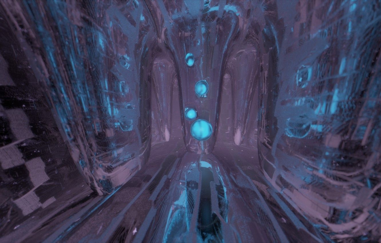 Sci-Fi-Korridor, Glas, Blaue Lichter, Futuristisch, 3D-Szene, HD, Desktop-Hintergrund