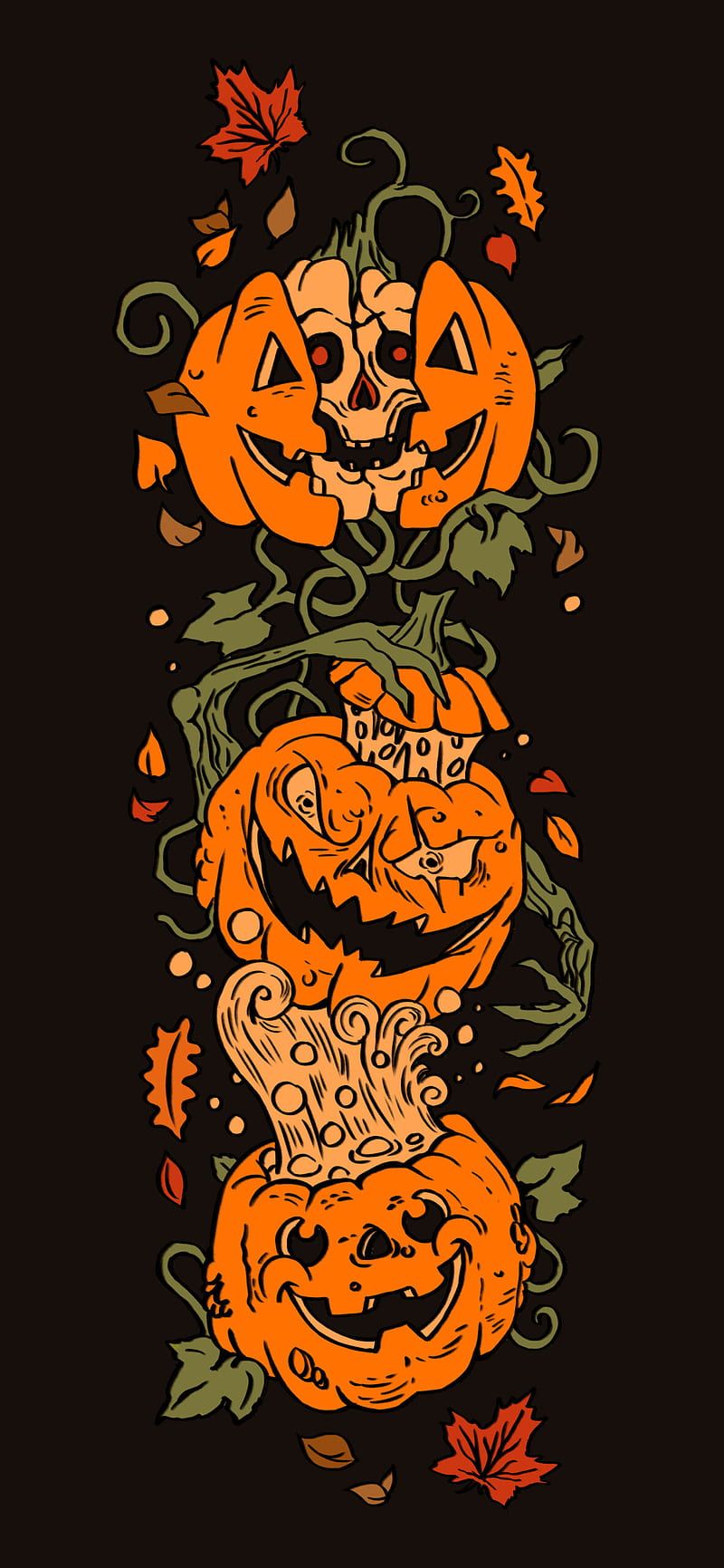 Kürbisse, Jack-o'-Lantern, Halloween, Orange, Schwarzer Hintergrund, Sperrbildschirm fürs iPhone