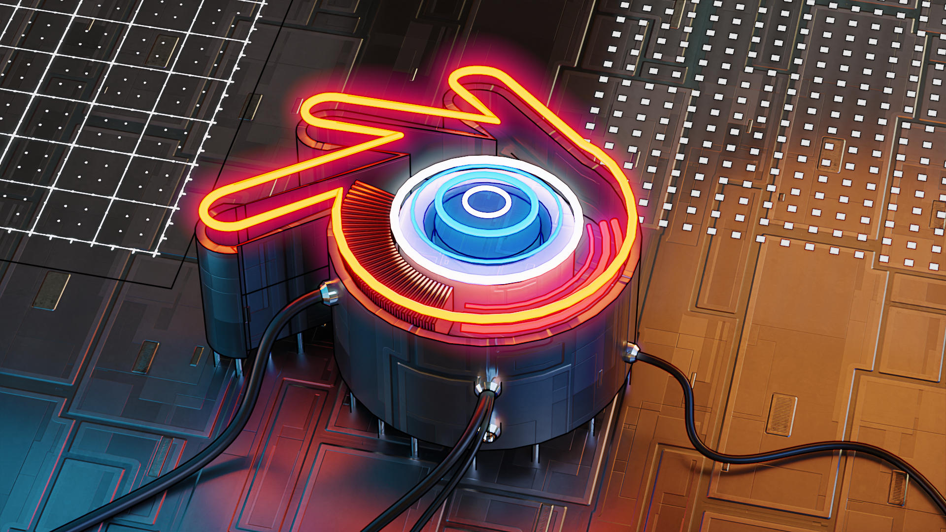 Blender-Logo, Neon, CPU-Kühler, Platine, Rot-Orange, 3D-Rendering, Full HD, Laptop-Hintergrundbild
