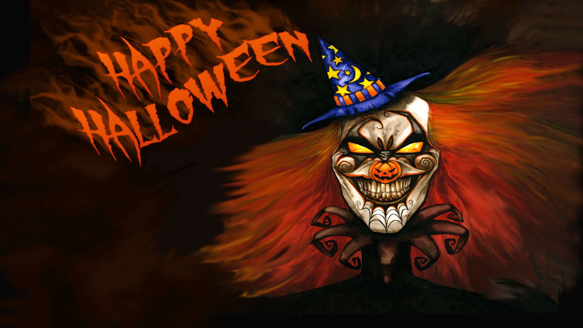 Happy Halloween, Gruseliger Clown, Hexenhut, Orange, Illustration, 1920x1080, Desktop-Hintergrund