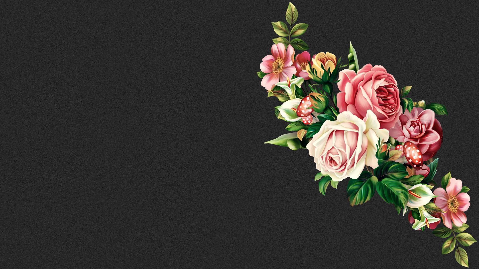 Rosen, Blumenarrangement, Vintage, Grauer Hintergrund, Illustration, Pfingstrosen, 1080p Wallpaper