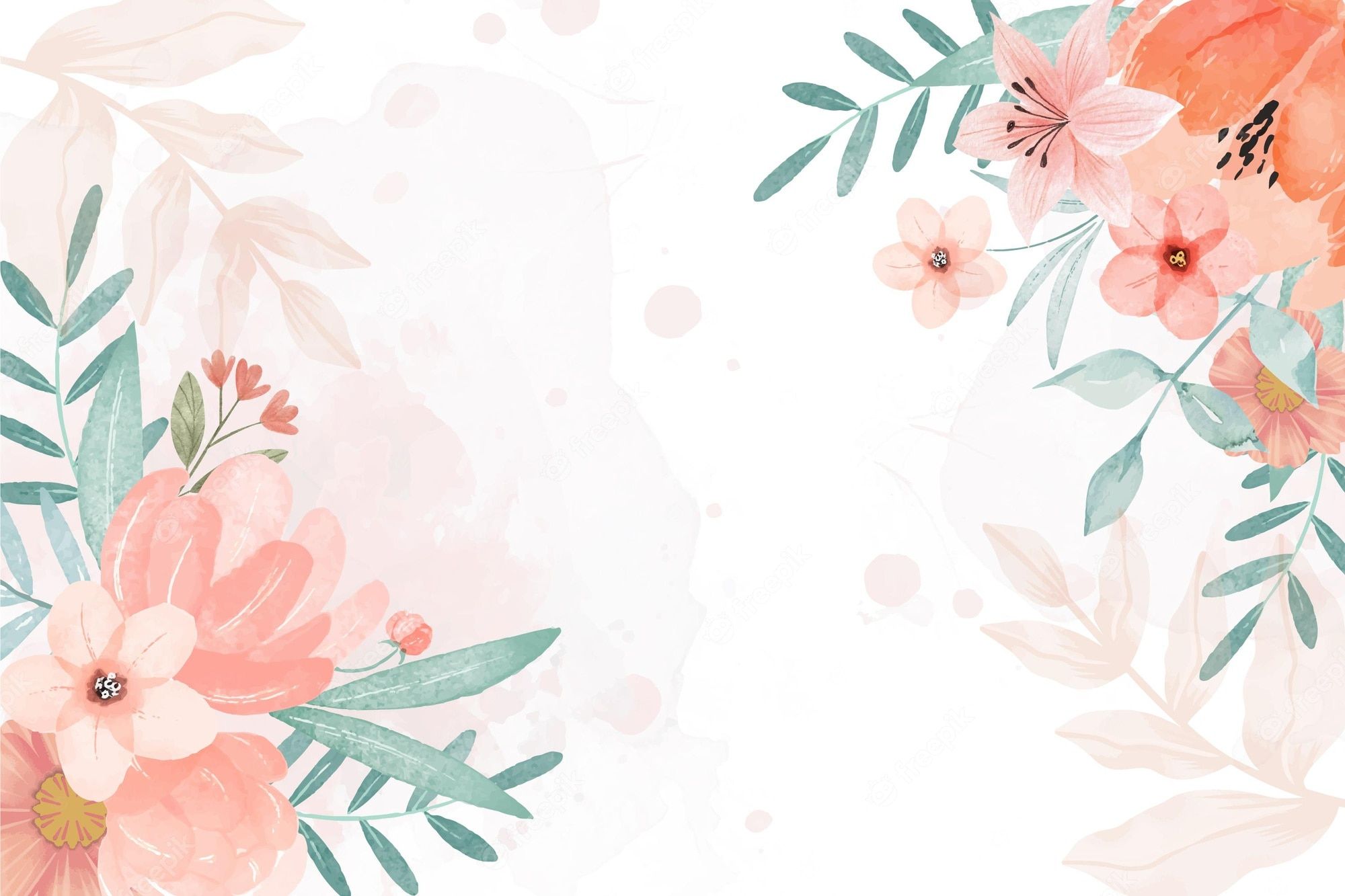 Aquarell, Pfirsichfarbene Blüten, Blumenrahmen, Blätter, Pastell, Weißer Hintergrund, Full HD Wallpaper