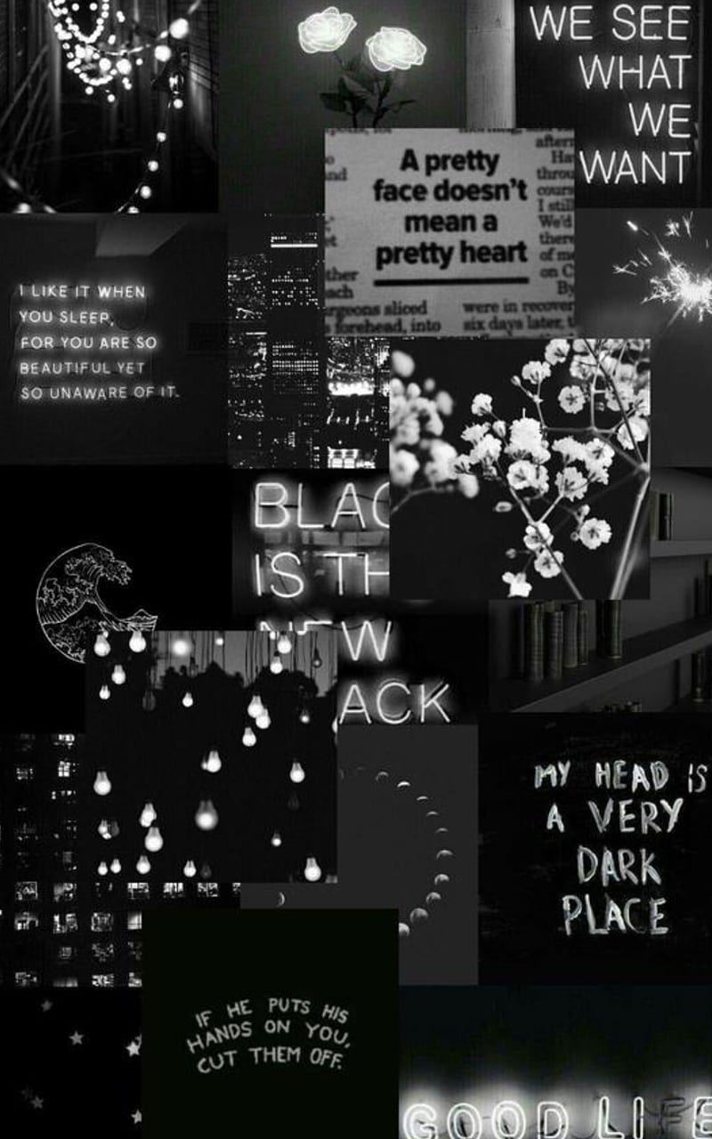 Collage, Black Aesthetic, Sprüche, Schwarzweiß, Hochformat, Dunkel, HD, Handy-Hintergrundbild