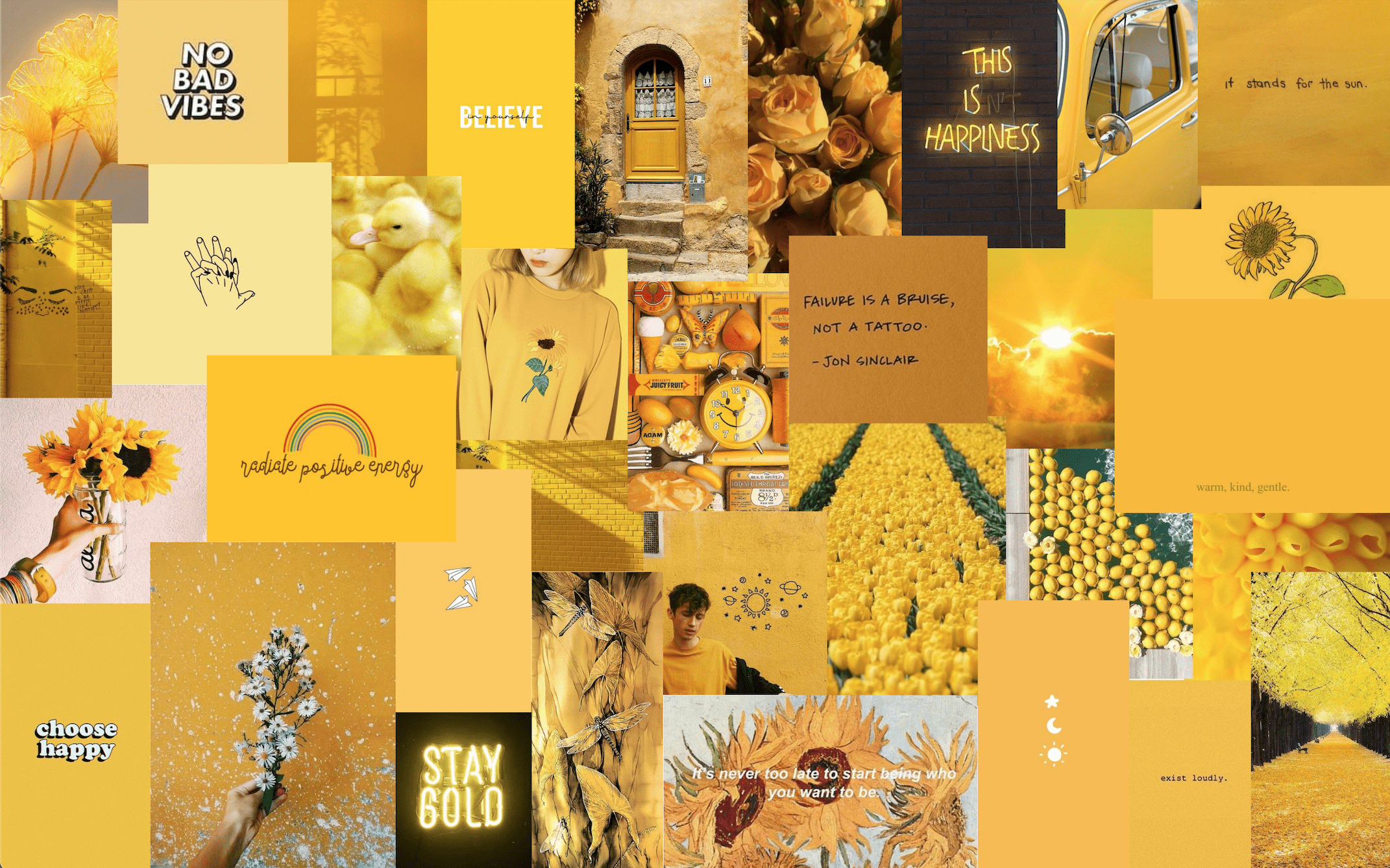 Collage, Gelbe Ästhetik, Sonnenblumen, No Bad Vibes, Stay Gold, Moodboard, Full HD, MacBook-Hintergrundbild