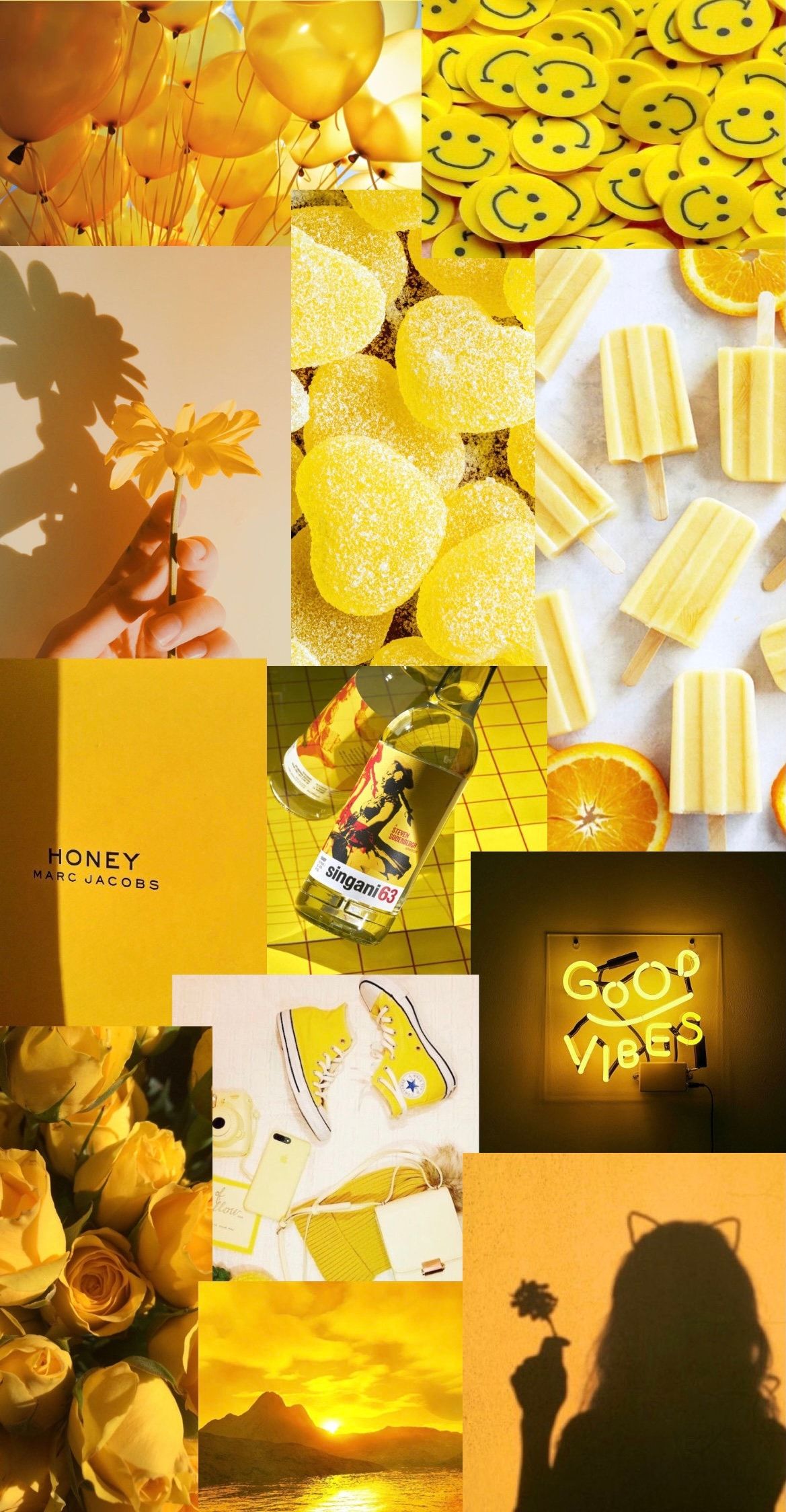 Collage, Gelbe Ästhetik, Smiley, Moodboard, Goldtöne, Full HD, Hintergrundbild fürs Handy