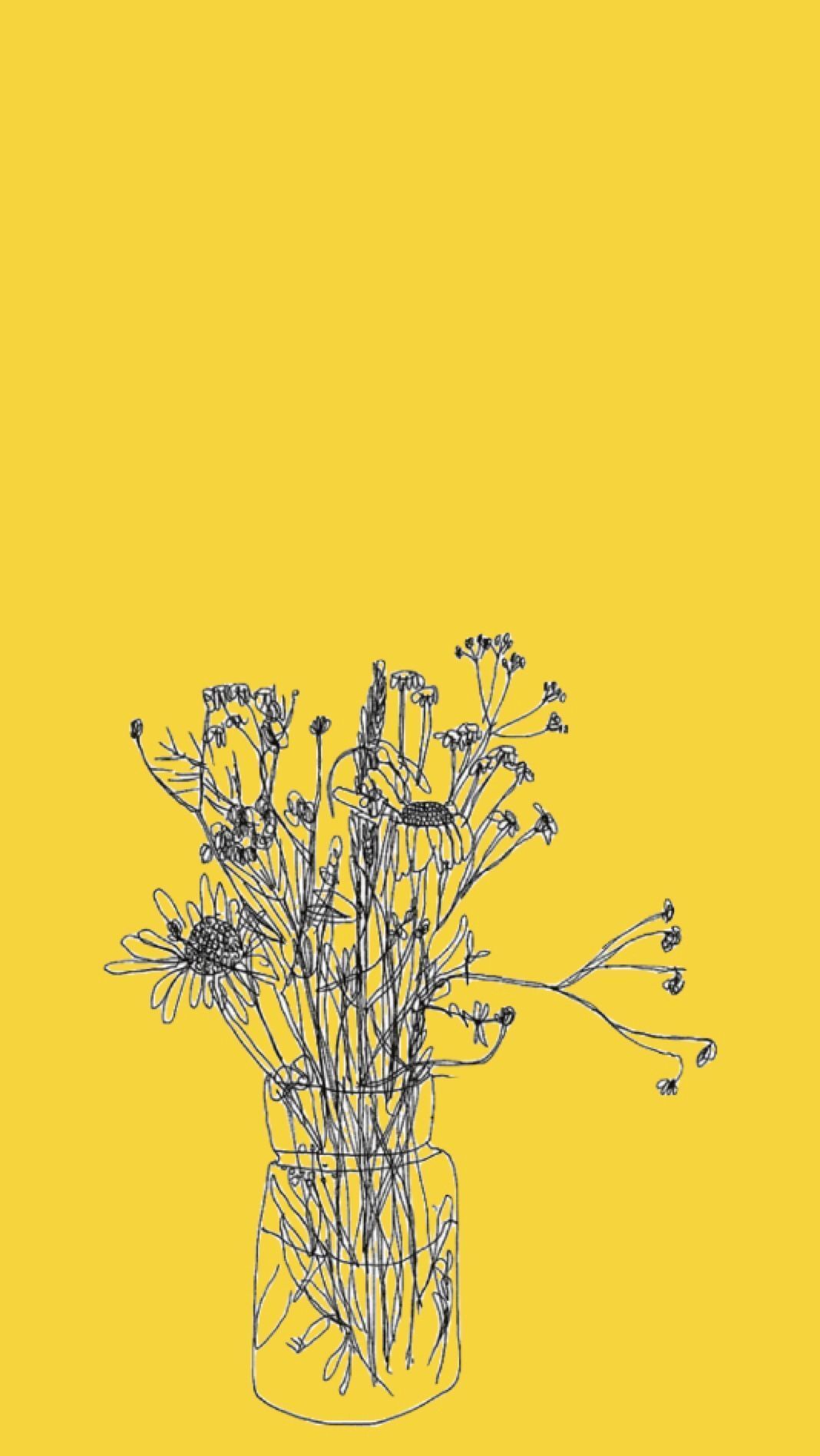 Blumenstrauß, Vase, Strichzeichnung, Wildblumen, Gelber Hintergrund, Sperrbildschirm fürs iPhone