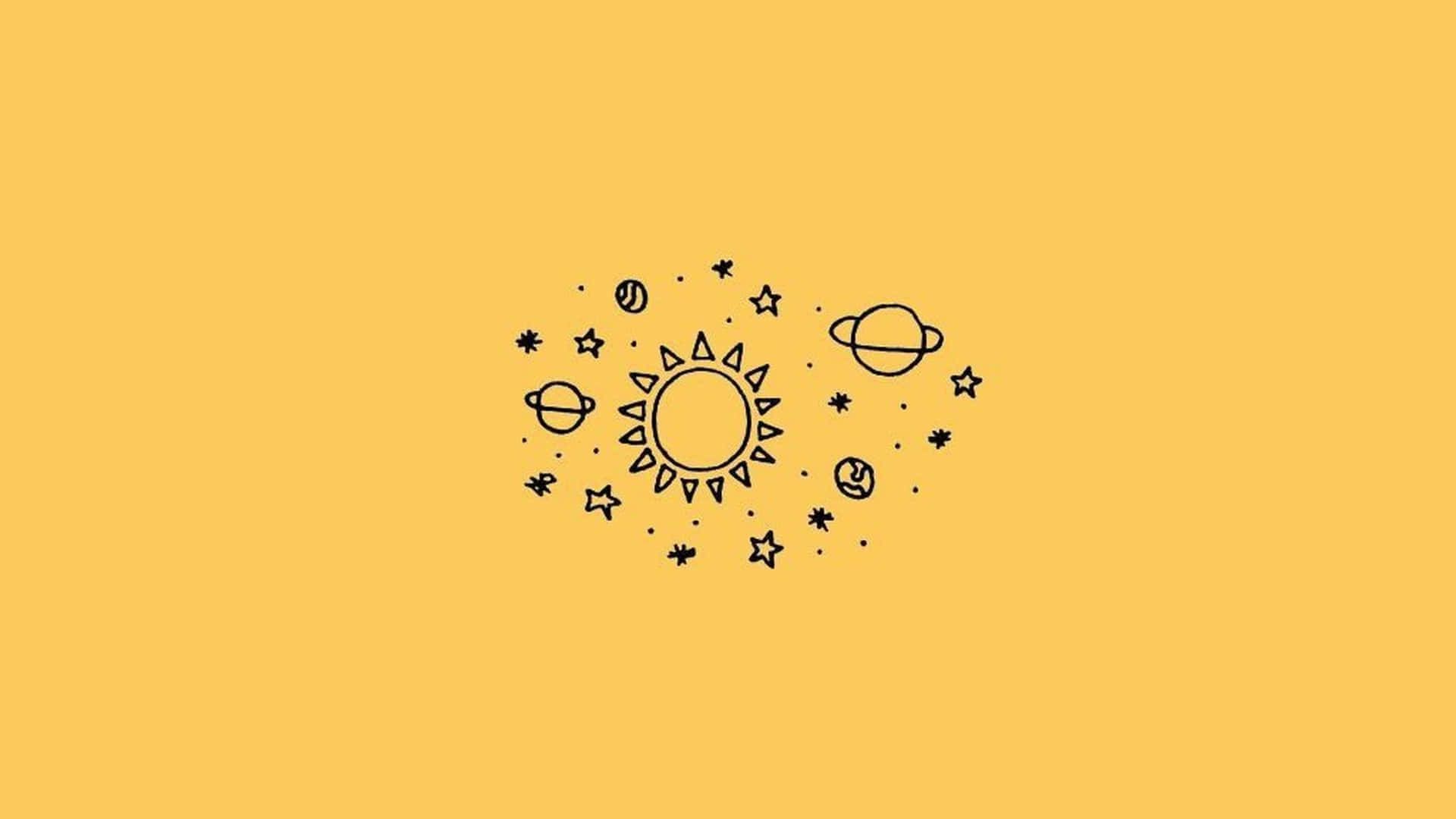 Sonne, Planeten, Sterne, Strichzeichnung, Minimalistisch, Gelber Hintergrund, 1080p Wallpaper