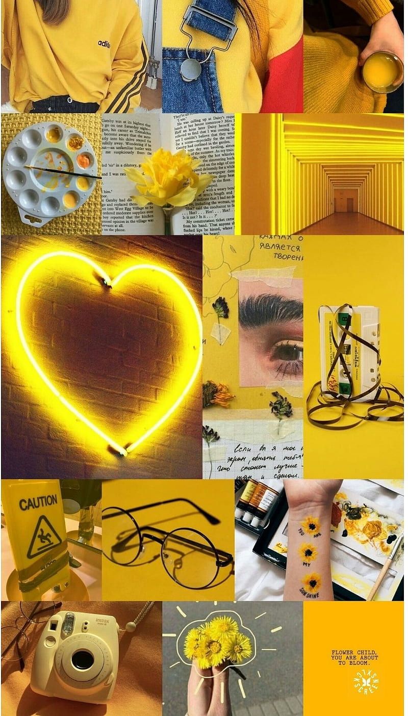 Neon-Herz, Collage, Gelbe Ästhetik, Polaroid-Kamera, Moodboard, HD, Handy-Hintergrundbild