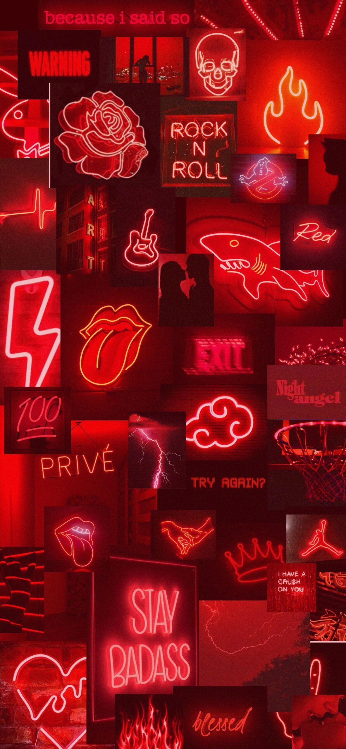 Neon-Collage, Rote Leuchtschrift, Rolling-Stones-Zunge, Hochformat, Full HD, Handy-Hintergrundbild