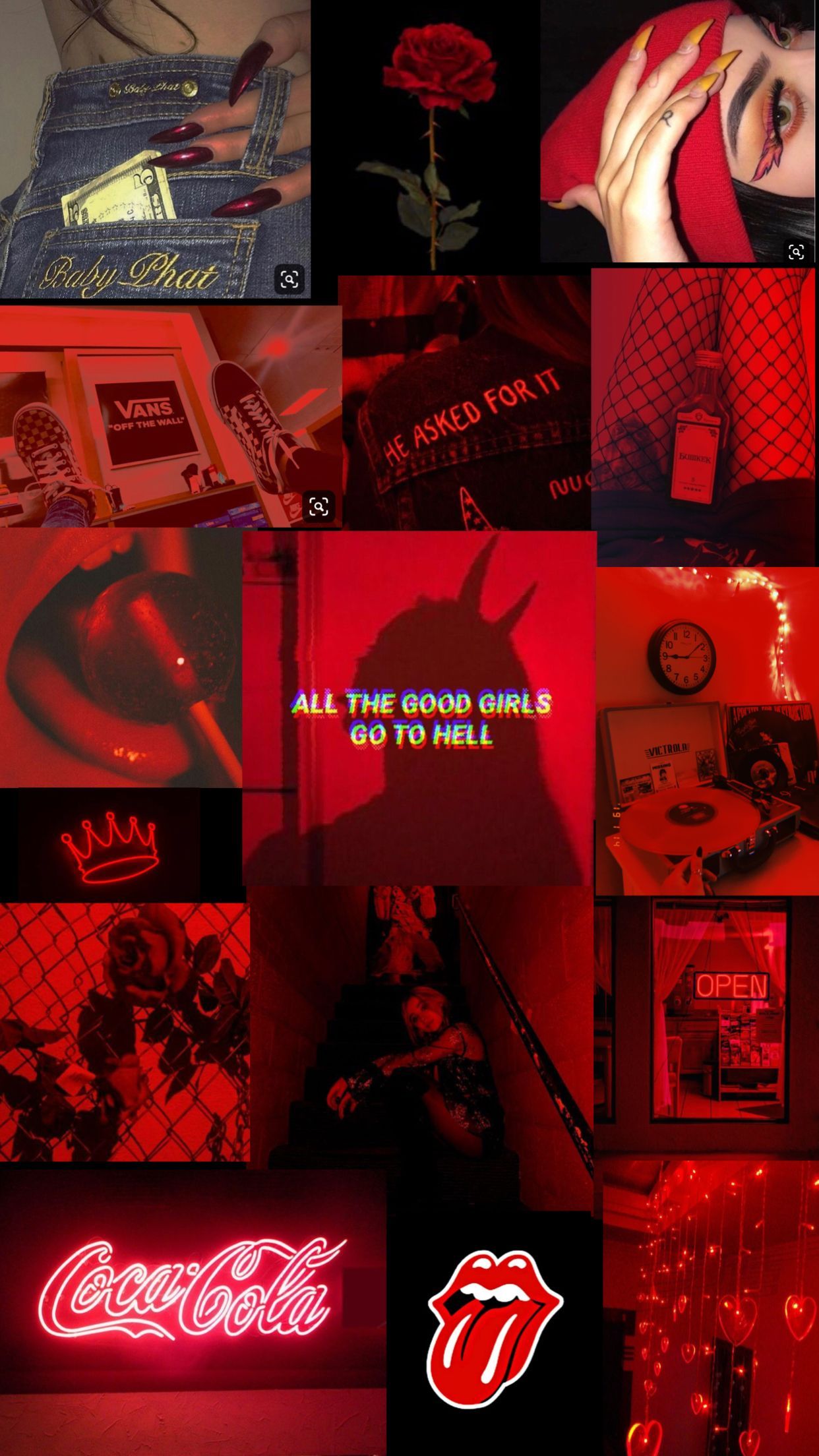 Collage, Coca-Cola, Rolling-Stones-Zunge, Rot, Grunge, Full HD, Handy-Hintergrund im Hochformat