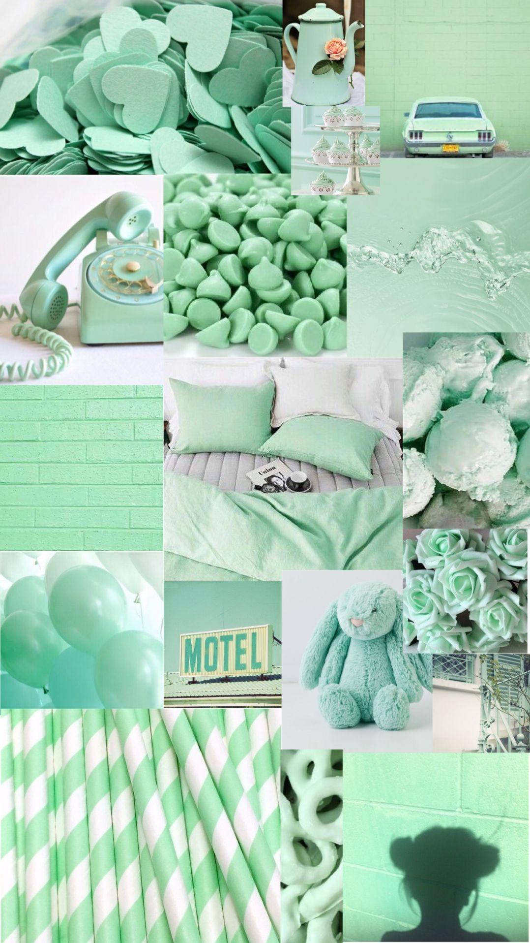 Collage, Mintgrün, Pastell, Süßigkeiten, Moodboard, Hochformat, Hintergrundbild fürs Smartphone