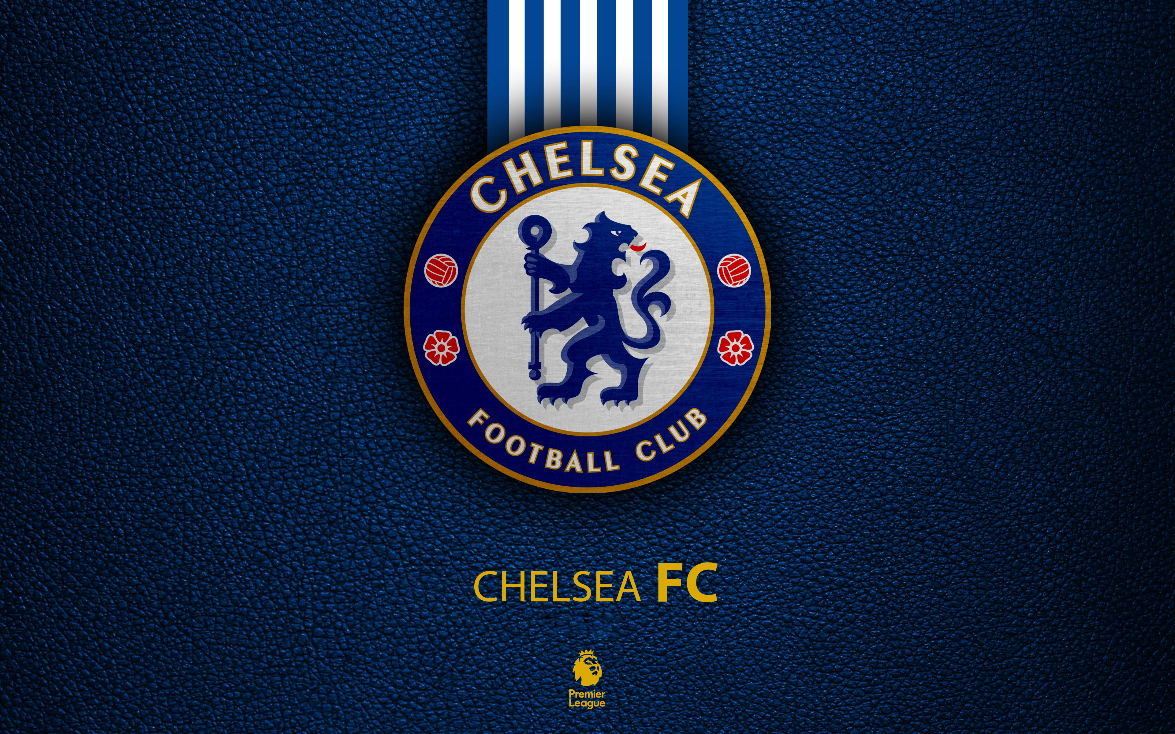 Chelsea FC, Vereinswappen, Premier League, Lederstruktur, Dunkelblau, 4K, Desktop-Hintergrund