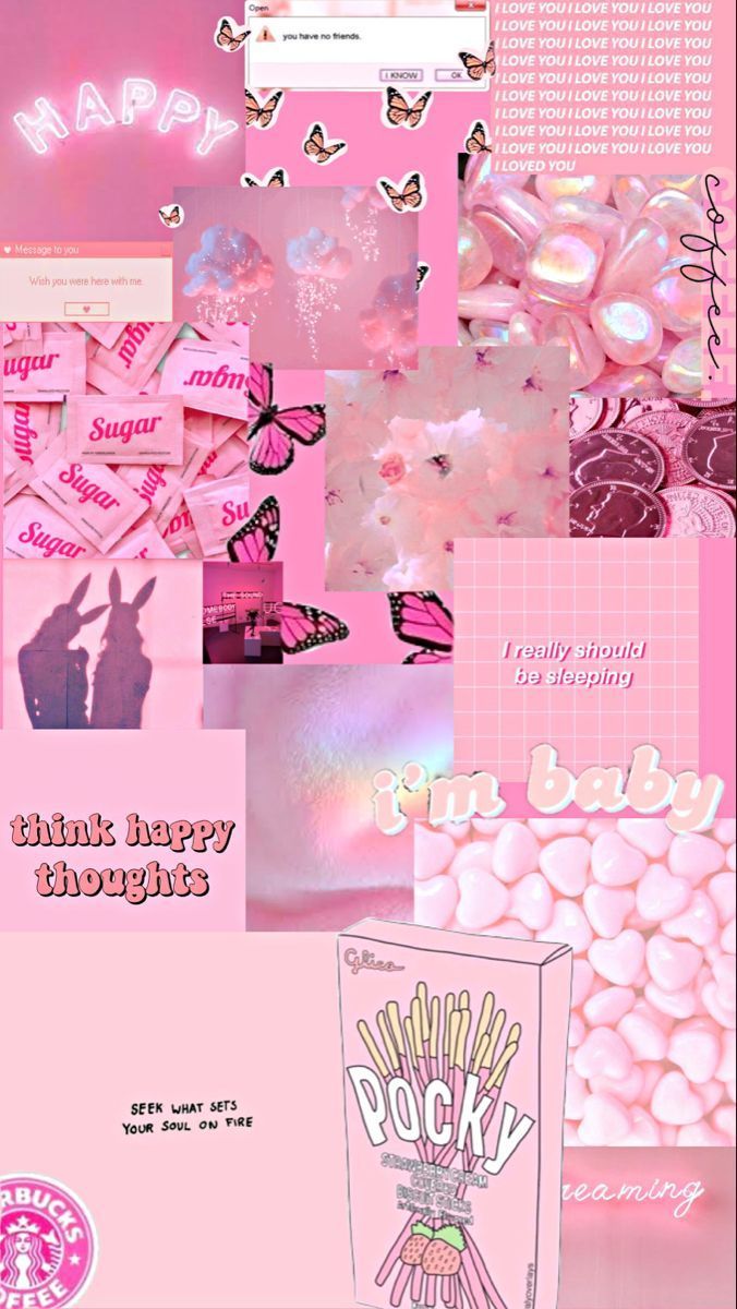 Collage, Think happy thoughts, Schmetterlinge, Pink, Ästhetik, Sperrbildschirm fürs iPhone