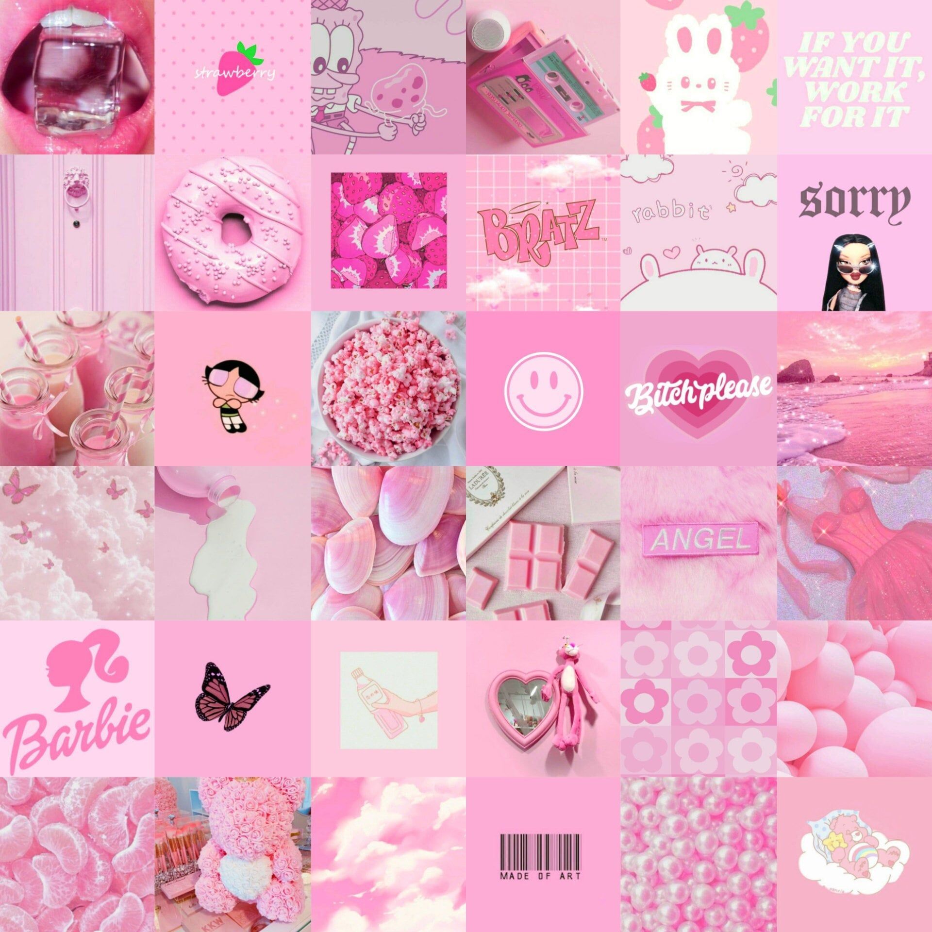 Barbie, Collage, Donut, Smiley, Pastellrosa, Full HD, Hintergrundbild fürs Tablet