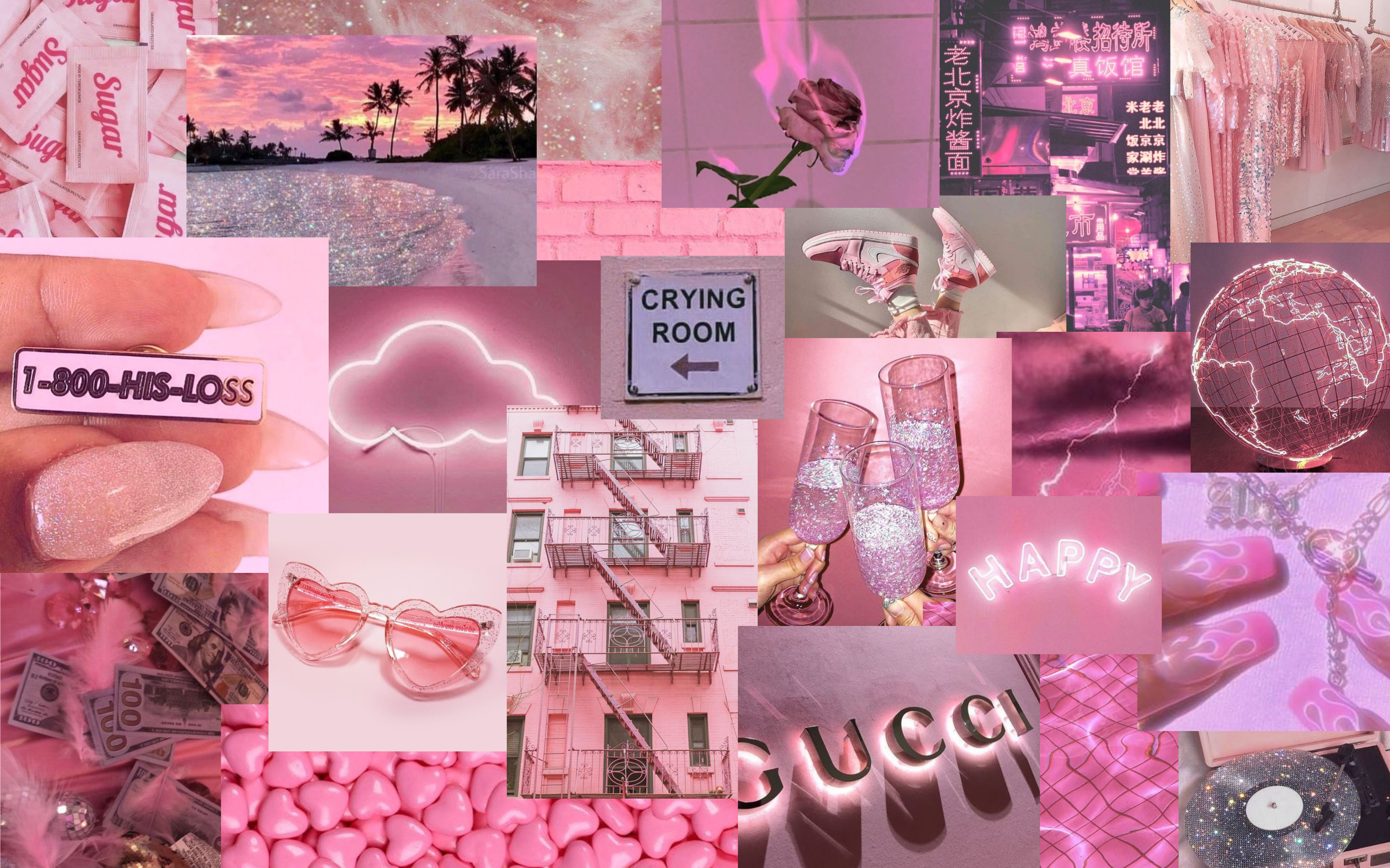Gucci, Collage, Neonschild, Sonnenbrille, Palmen, Pink, 16:10, 2K-Hintergrundbild für den Desktop