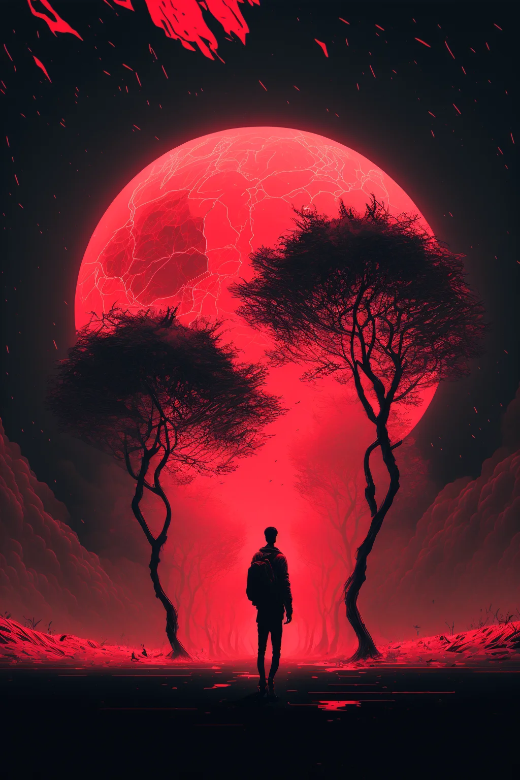 Blutmond, Silhouette, Bäume, Roter Himmel, Dunkel, HD, Hintergrundbild fürs Handy