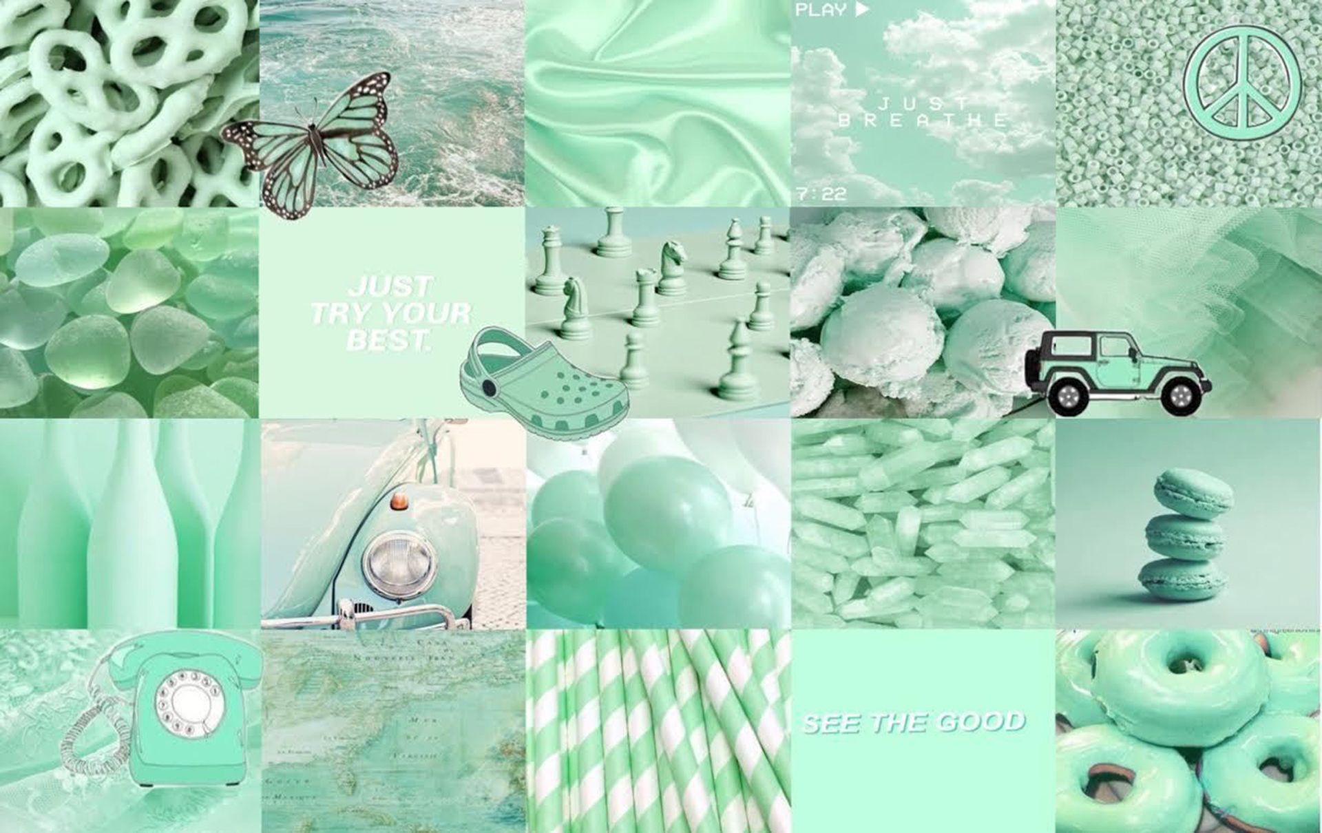 Collage, Mintgrün, Schmetterling, Auto, Pastell, Full HD, Desktop-Hintergrund für Windows