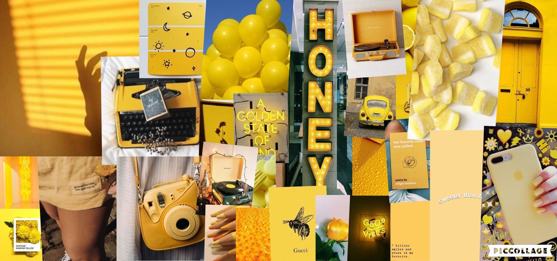 Collage, Honey, Ballons, Polaroid-Kamera, Schreibmaschine, Gelbe Ästhetik, Full-HD-Hintergrundbild für PC