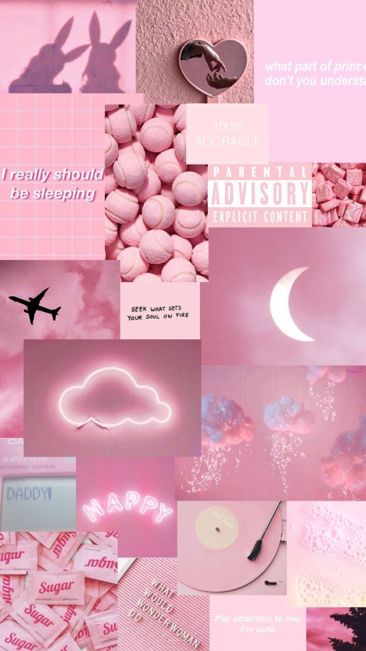 Collage, Neon-Wolke, Mond, Flugzeug, Rosa, Hintergrundbild für iPhone und Android