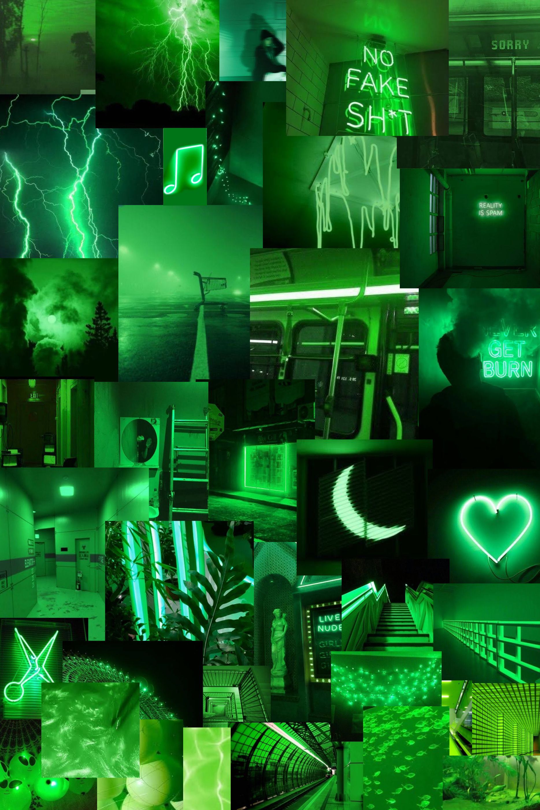 Collage, Neongrün, Mond, Herz, Dunkle Ästhetik, QHD+, Sperrbildschirm fürs iPhone