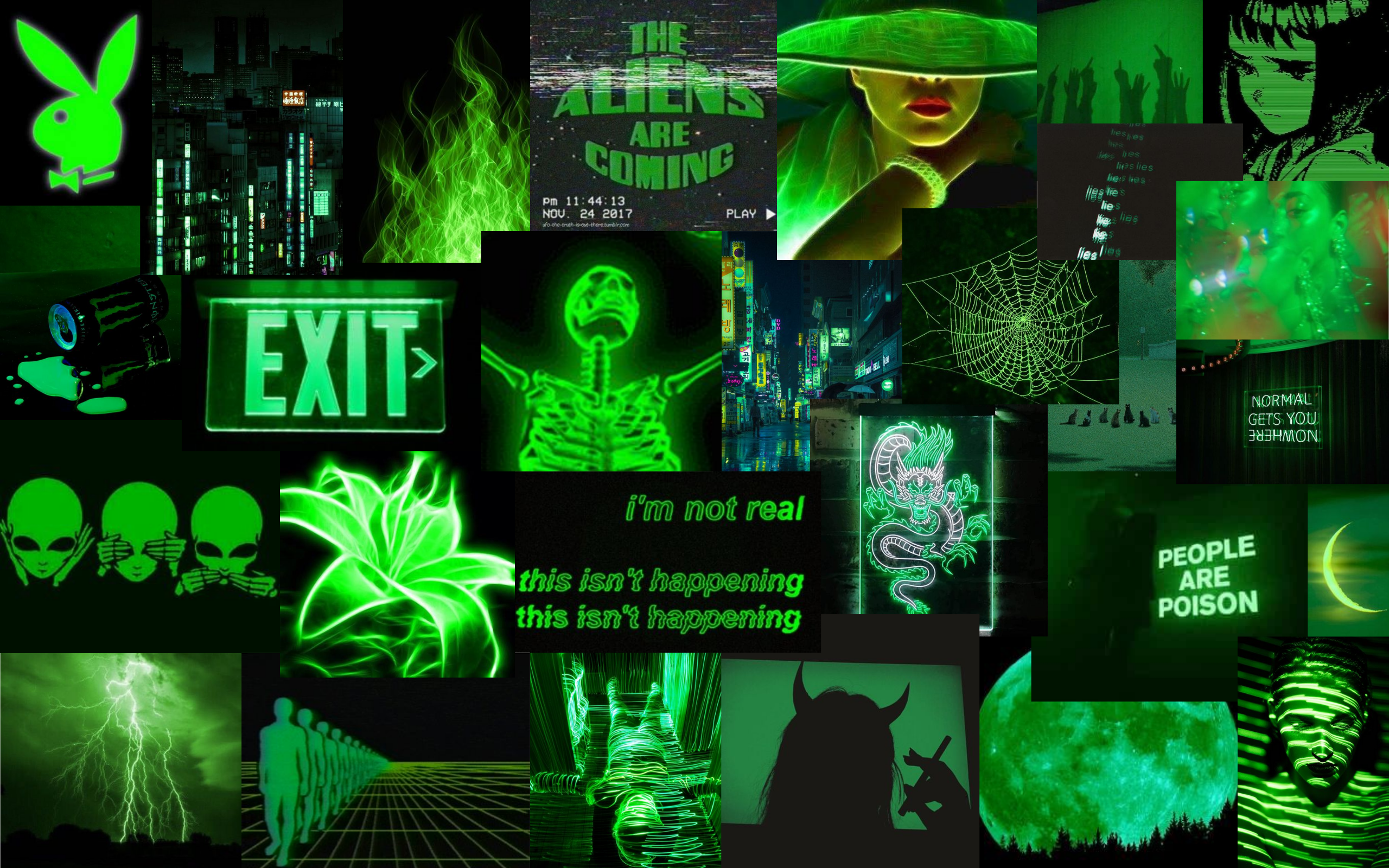 Collage, Neongrün, Exit, Aliens, Dunkle Ästhetik, 2K, Hintergrundbild für den PC