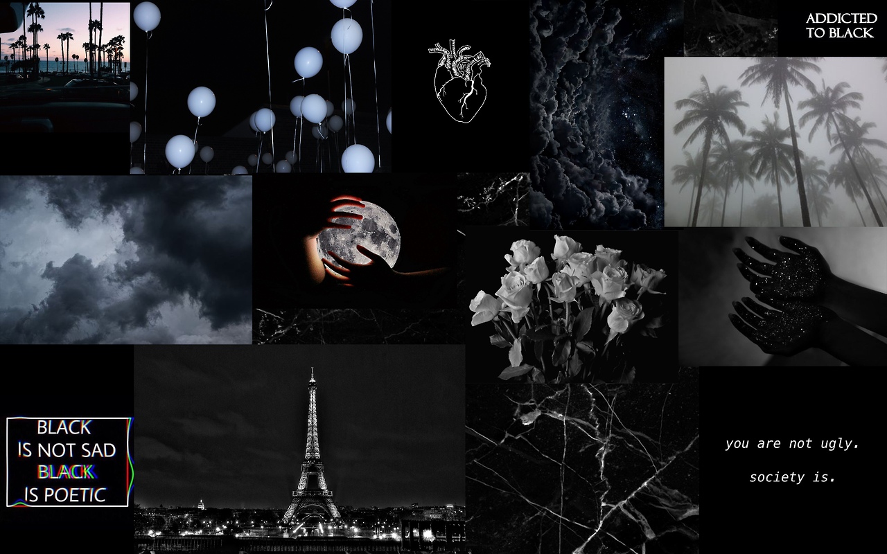 Collage, Addicted to Black, Eiffelturm, Palmen, Mond, Black Is Poetic, HD-Hintergrundbild für PC