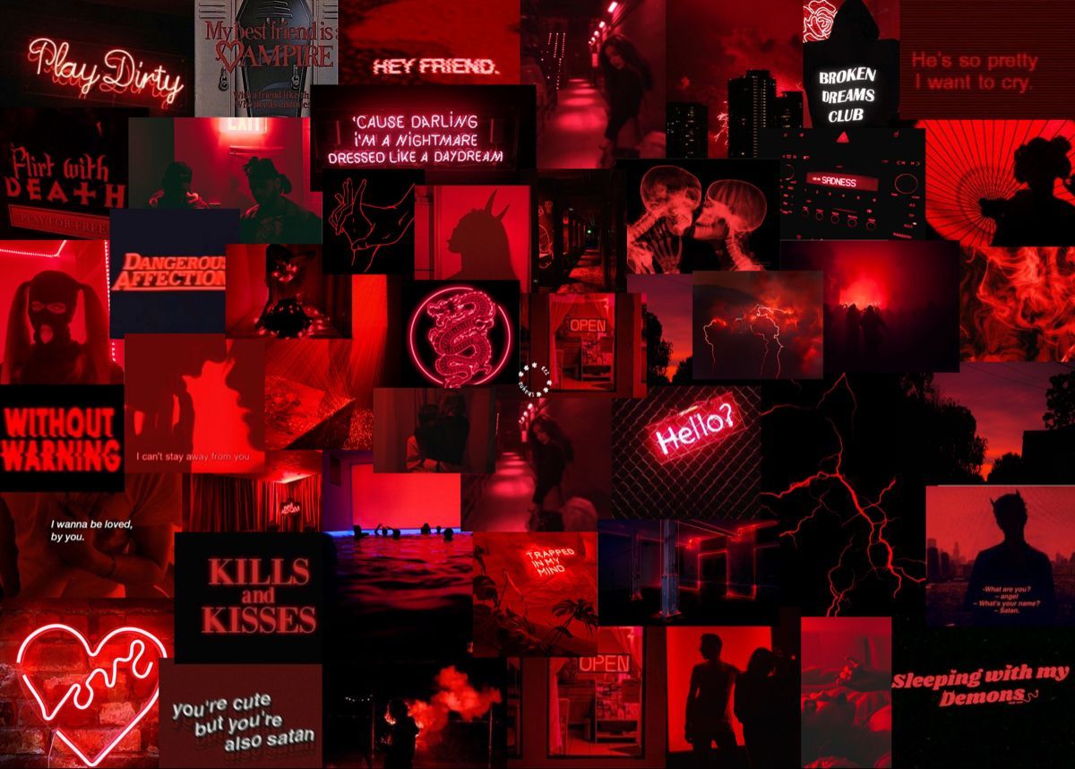 Collage, Kills with Kisses, Neon, Rote Aesthetic, Moodboard, Hintergrundbild