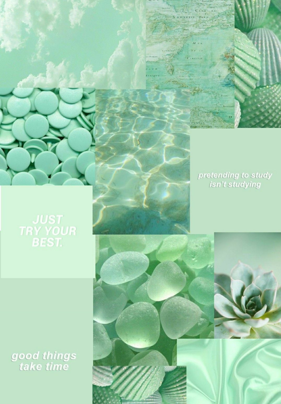 Collage, Mintgrün, Sukkulenten, Pastell, Wasser, Hintergrundbild für iPad und Tablet