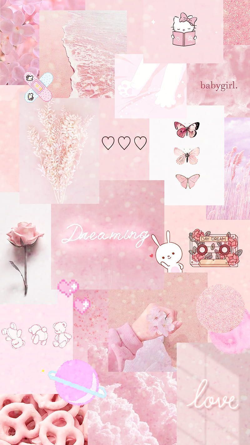 Collage, Ästhetik, Rosen, Herzen, Pastellrosa, HD, Hintergrundbild fürs Handy