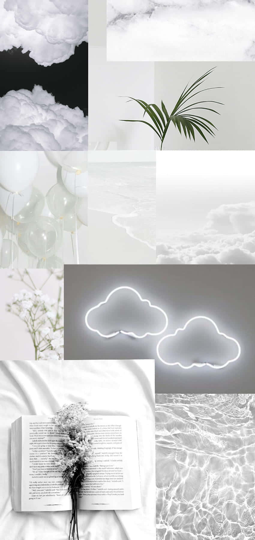 Collage, Neon-Wolken, Pflanze, Buch, Weiße Ästhetik, Hochformat, Hintergrundbild fürs Smartphone