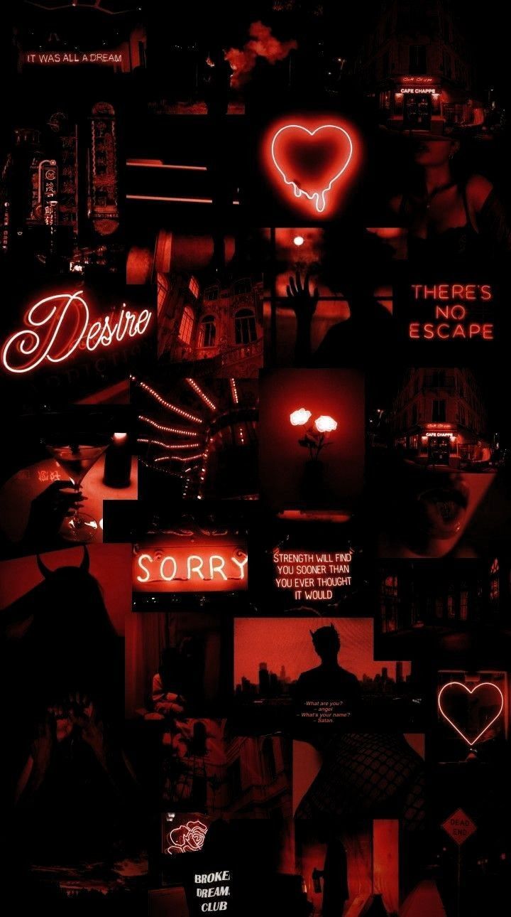 Collage, Neonherz, Sorry, Rot-Schwarz, Nacht, Hintergrundbild für iPhone und Android