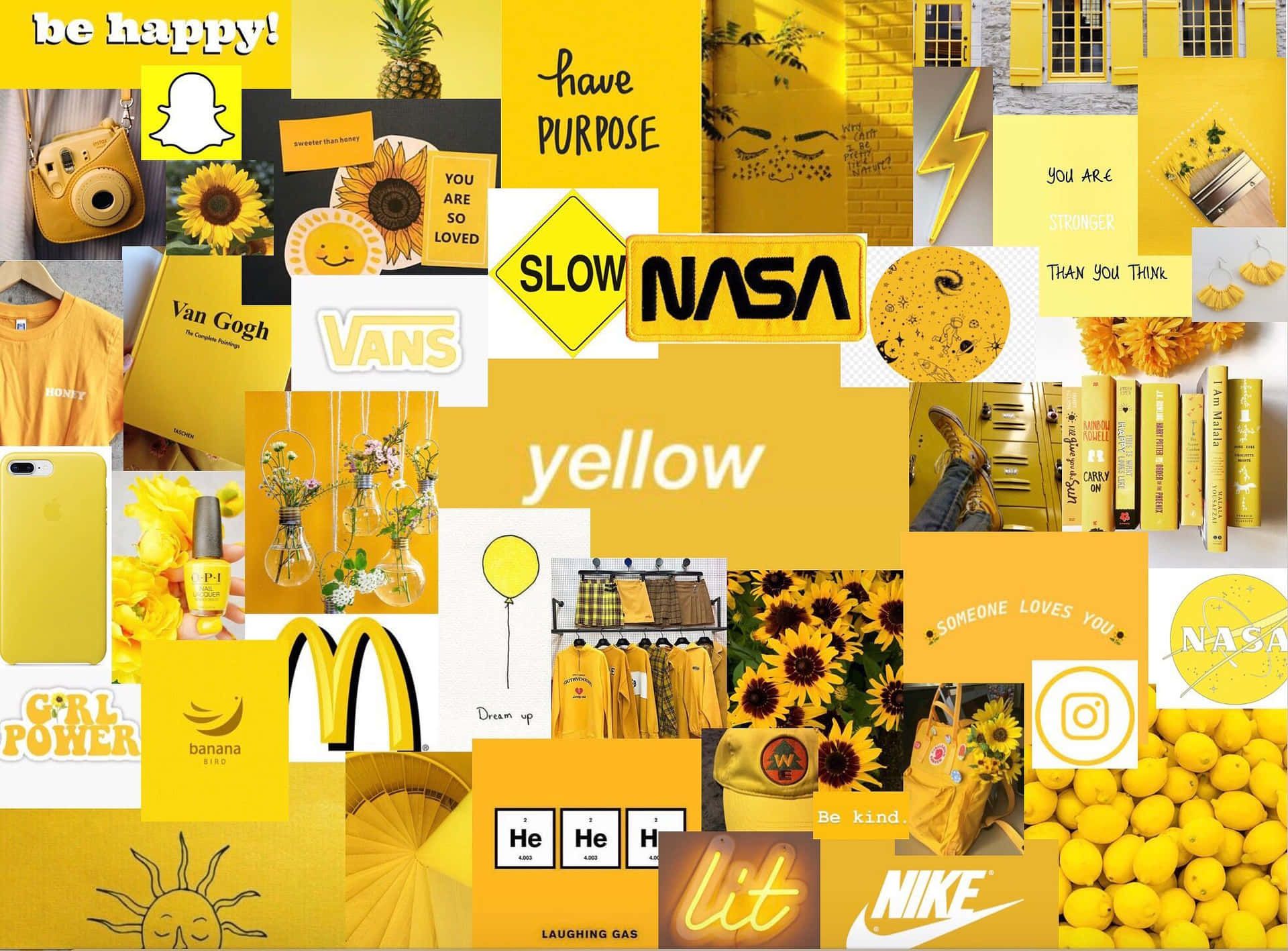 Collage, NASA, McDonald's, Nike, Vans, Gelbe Ästhetik, Full HD, Desktop-Hintergrund für Windows