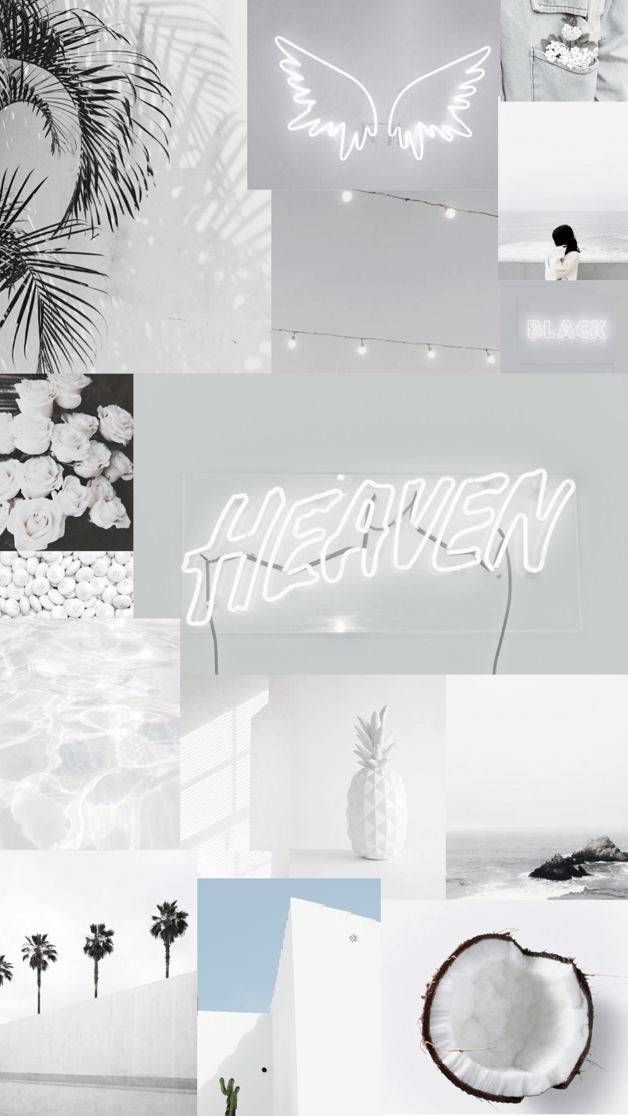 Collage, Neonschrift, Kokosnuss, Palmen, Weiße Ästhetik, Full HD, Handy-Hintergrundbild