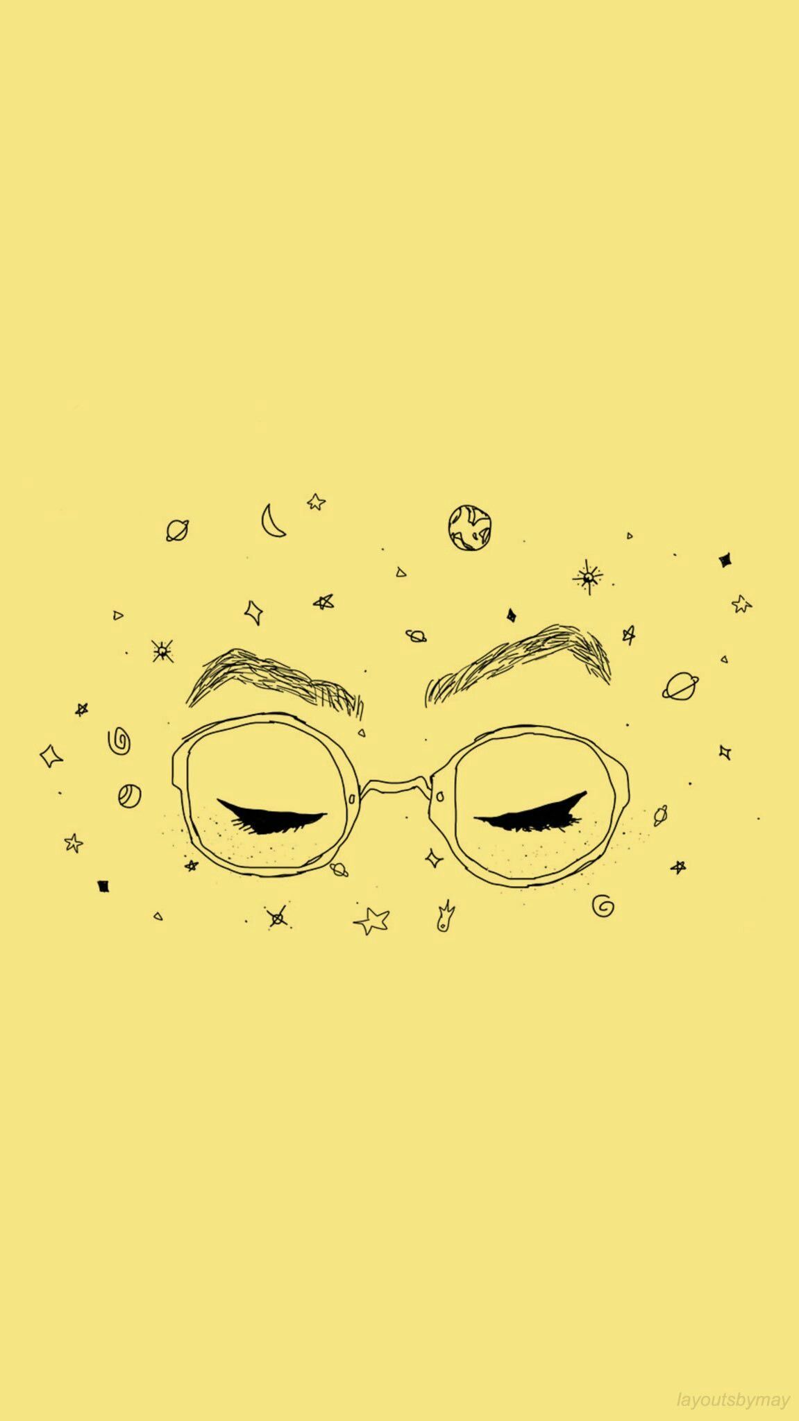 Gesicht, Brille, Strichzeichnung, Minimalistisch, Pastellgelb, Full HD, Handy-Hintergrundbild