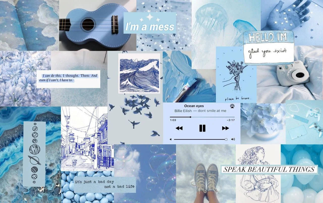Collage, Ukulele, I'm a Mess, Musikplayer, Hellblau, Moodboard, HD-Hintergrundbild für PC