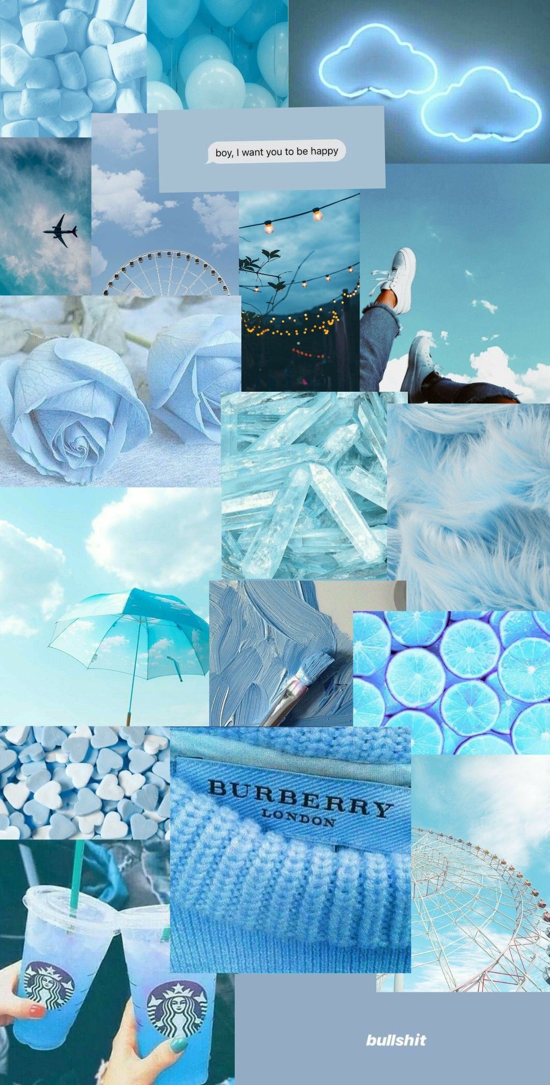 Collage, Neonwolke, Burberry, Türkis, Blue Aesthetic, Hochformat, Full HD, iPhone-Hintergrundbild