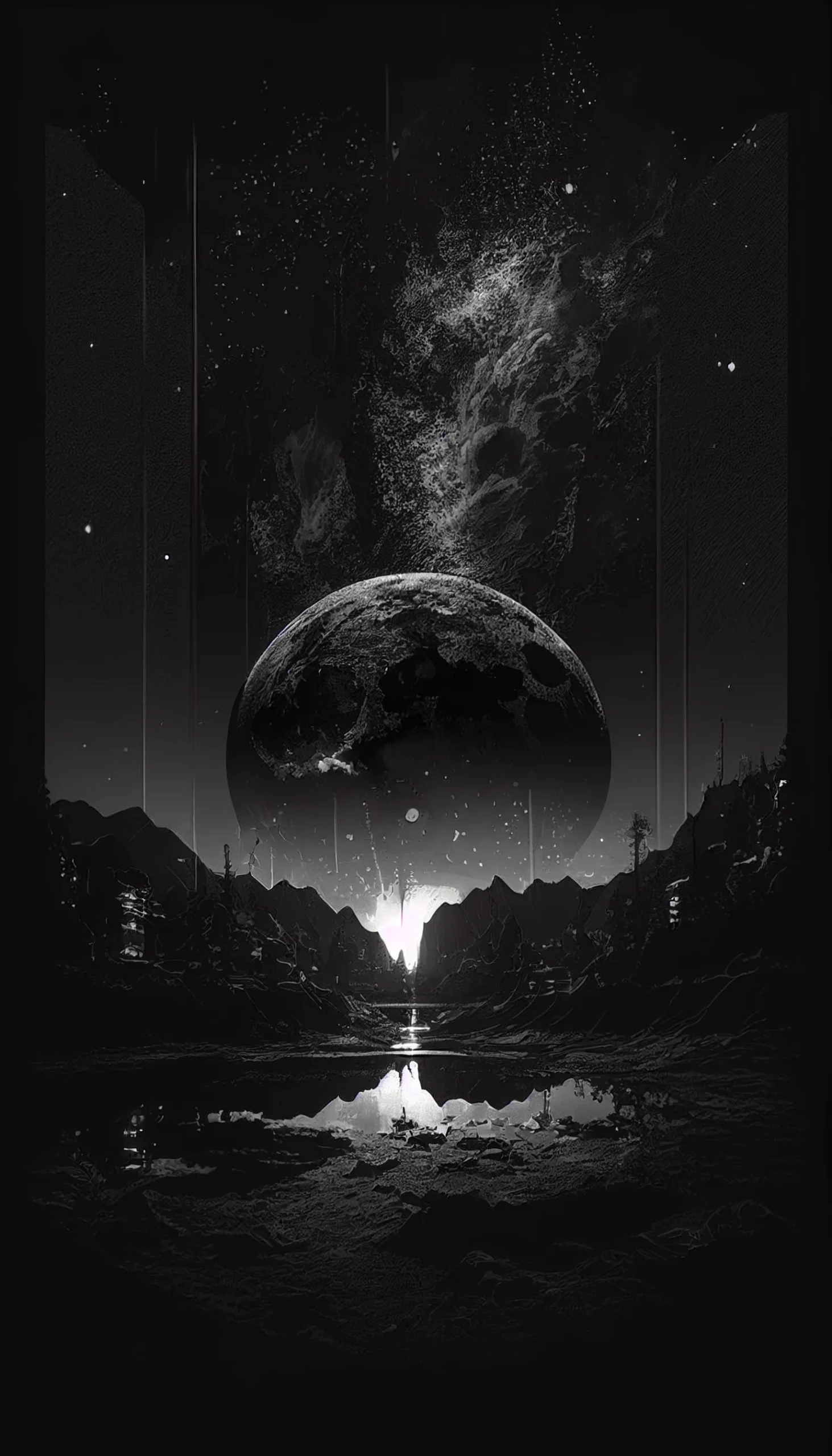 Planet, Galaxie, See, Schwarz-Weiß, Surreal, Sterne, QHD+, Hintergrundbild fürs Handy