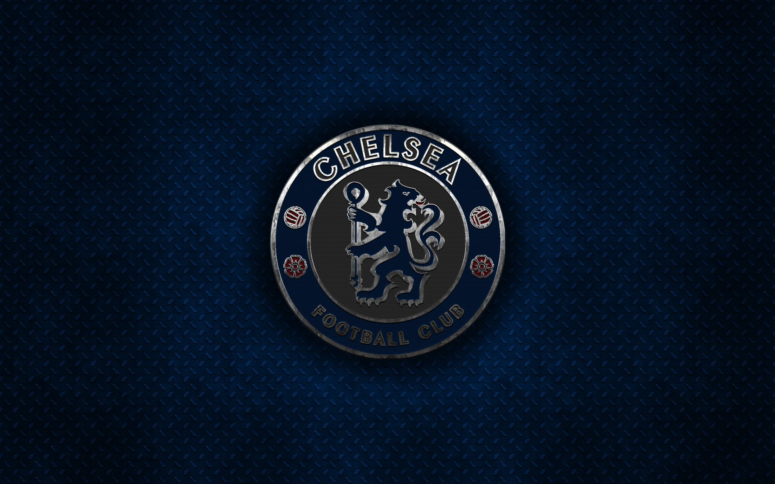 Chelsea FC, Metall-Wappen, Wabenmuster, Dunkelblau, 3D-Effekt, 2K, PC-Hintergrundbild