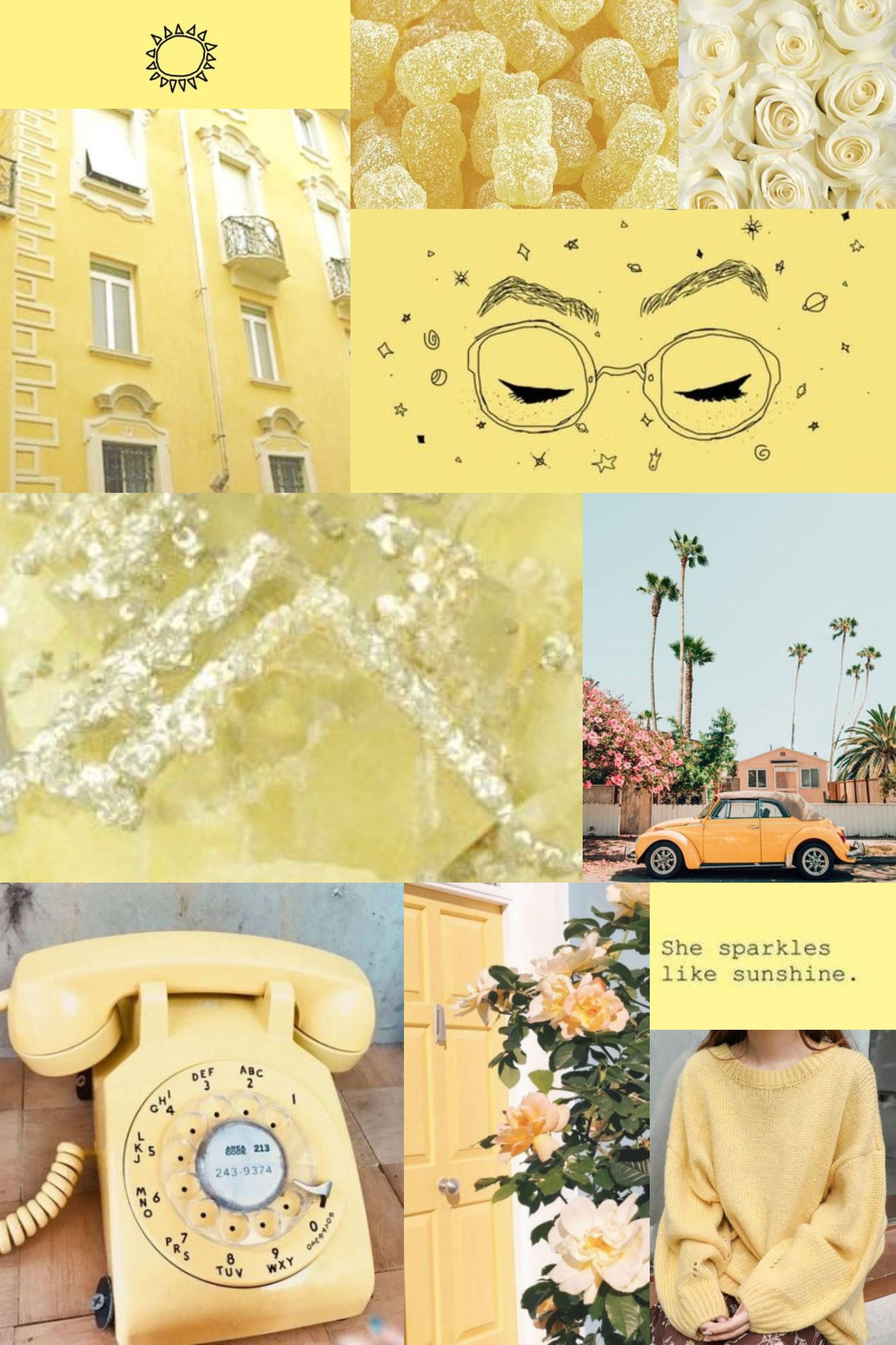 Collage, Retro-Telefon, Palmen, Gelbe Ästhetik, Pastell, QHD+, iPhone-Hintergrundbild