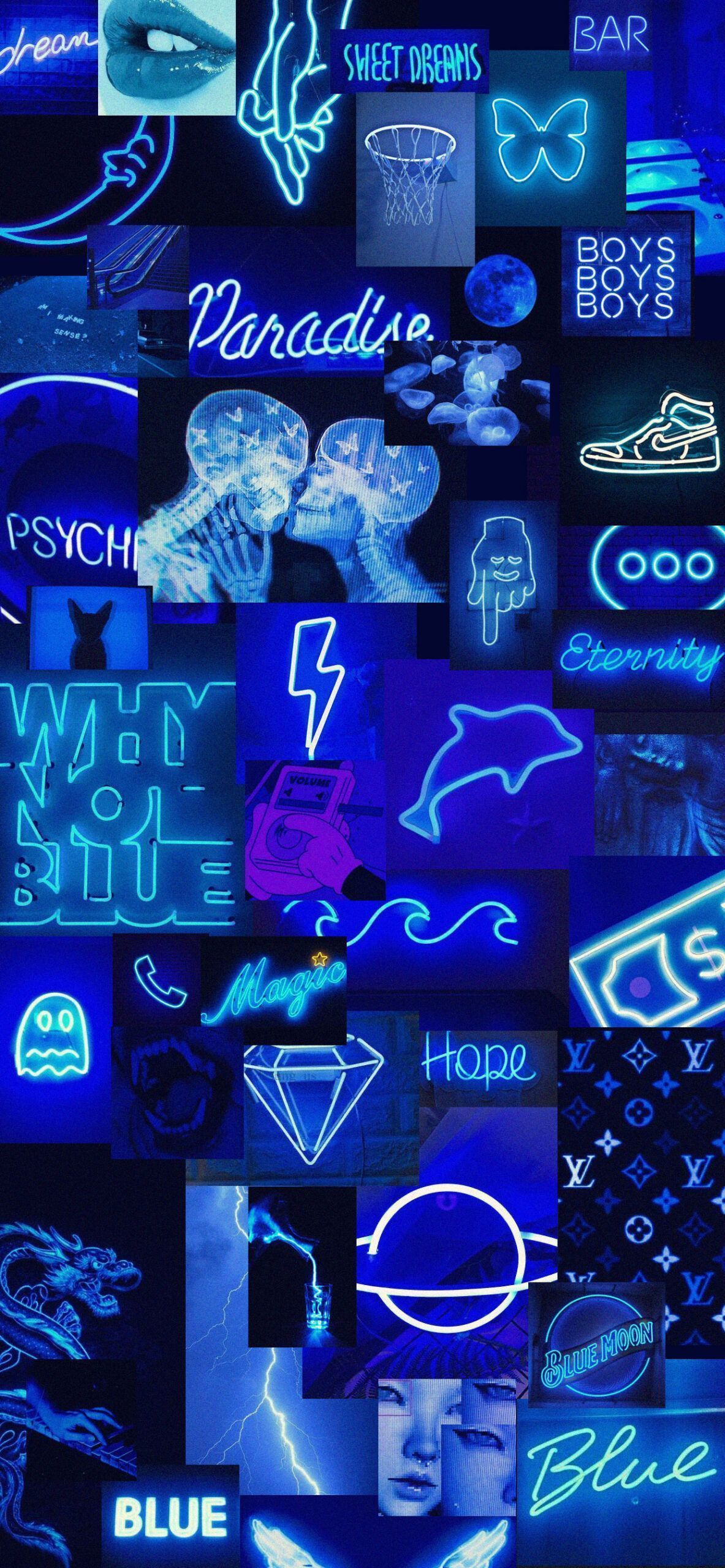 Collage, Neonschilder, Paradise, Delfin, Kobaltblau, Neon, Full HD, iPhone-Hintergrundbild